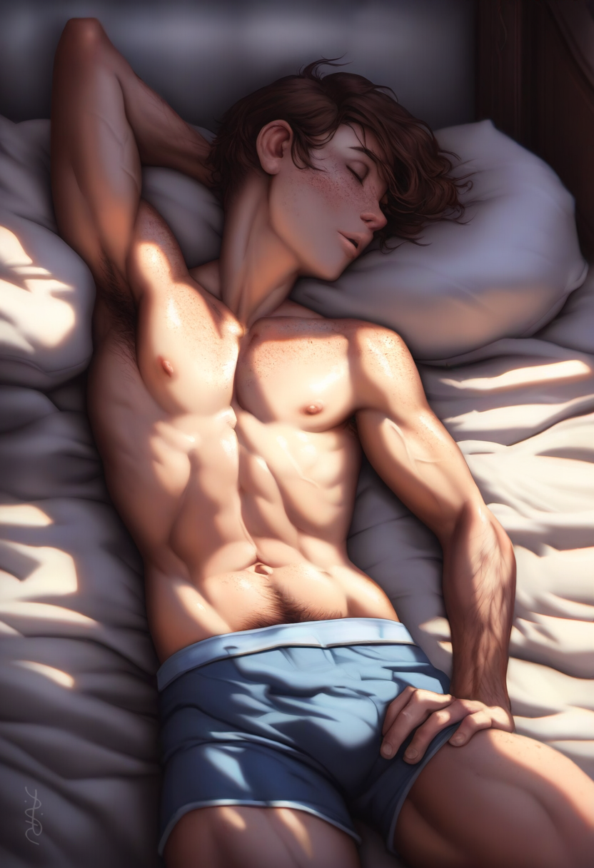 1boy 2024 abs ai_generated armpits arms_up athletic_male avaru bed boxers brown_hair closed_eyes dark_hair freckles human human_only male male_focus male_only muscular muscular_male navel nipples red_hair sheets short_shorts shorts skinny sleeping