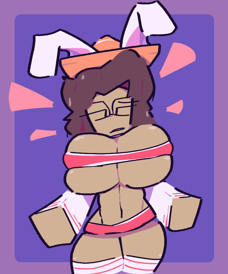 1girls, 2d, 2d (artwork), 2d artwork, belly, blocky body, breasts, breasts bigger than head, brown hair, bunny ears, clothed, commission, female, glasses, meperz, roblox, roblox avatar, robloxian, solo, tagme, thighhighs, thighs, tight clothing