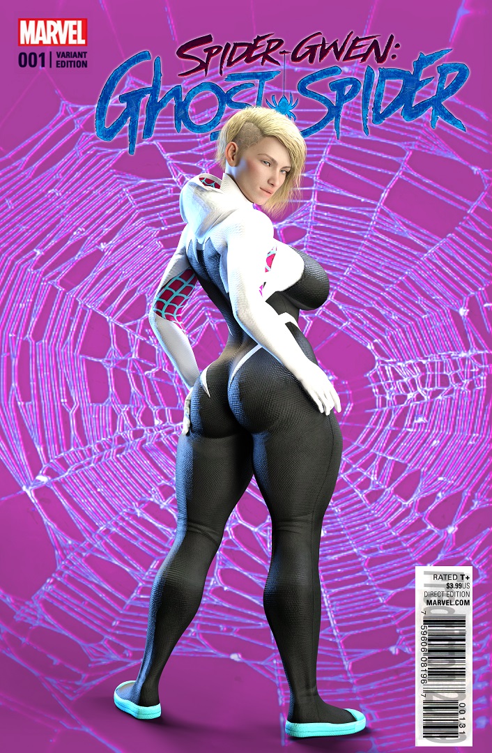 1girls 3d ass back_view big_ass blonde_hair female fredricton gwen_stacy marvel marvel_comics presenting_hindquarters skintight spider-gwen spider-man_(series)