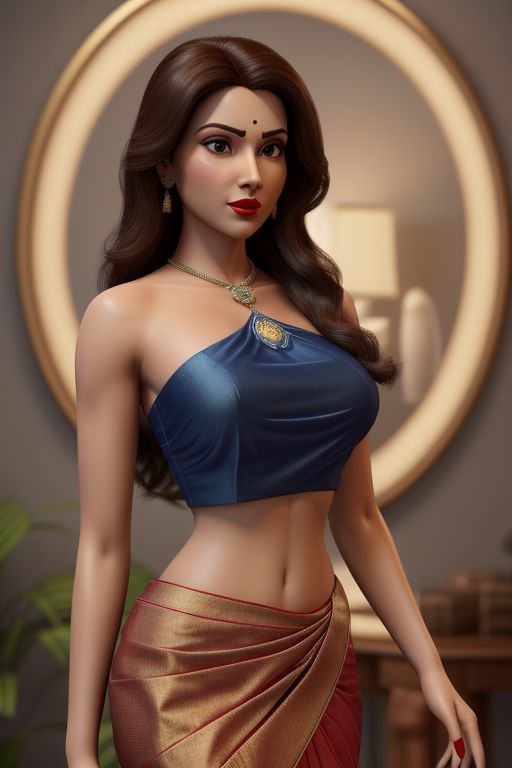 3d 3d_(artwork) ai_generated big_breasts bindi black_eyes brown_hair earrings hourglass_figure indian indian_clothes indian_female light-skinned_female light_skin long_hair midriff navel red_lipstick saree sari slim_waist wide_hips