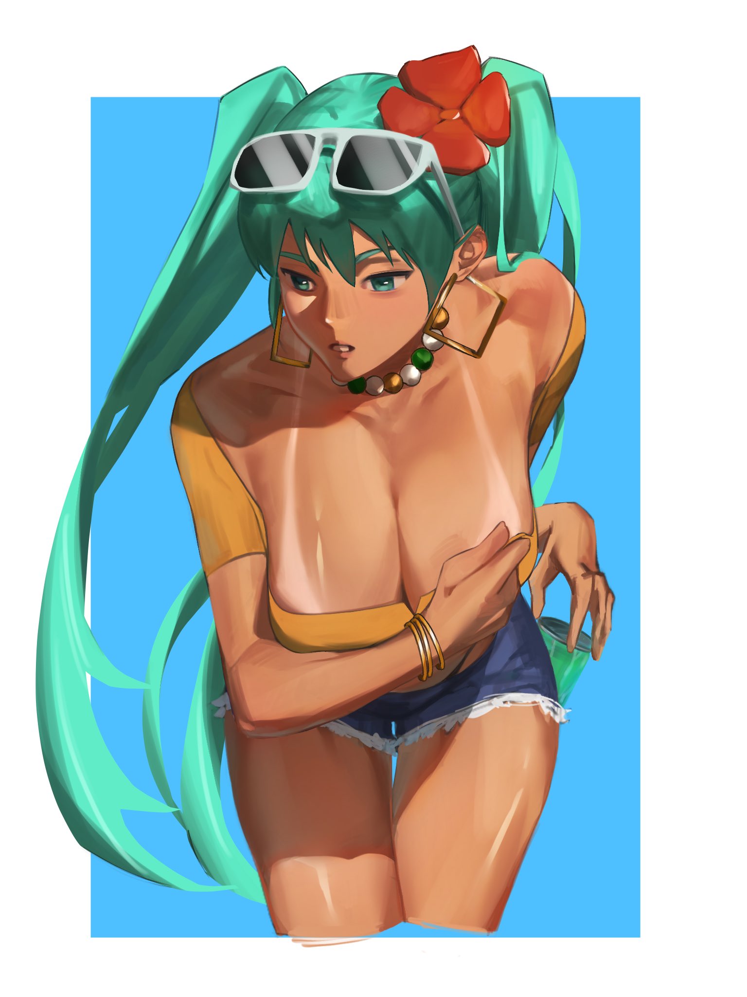 1girl, 2girls, aqua eyes, aqua hair, bikini tan, blue background, bracelet, brazil, brazilian, brazilian female, brazilian miku, breasts, busty, cleavage, cup, cutoffs, denim, denim shorts, earrings, eyewear on head, female, female focus, female only, flower, green hair, hair flower, hair ornament, hatsune miku, hoop earrings, igedd, jewelry, large breasts, leaning forward, long hair, necklace, parted lips, shirt, short shorts, shorts, simple background, solo, sunglasses, tagme, tan, tan body, tan skin, tanline, tanlines, thigh gap, twintails, very long hair, vocaloid