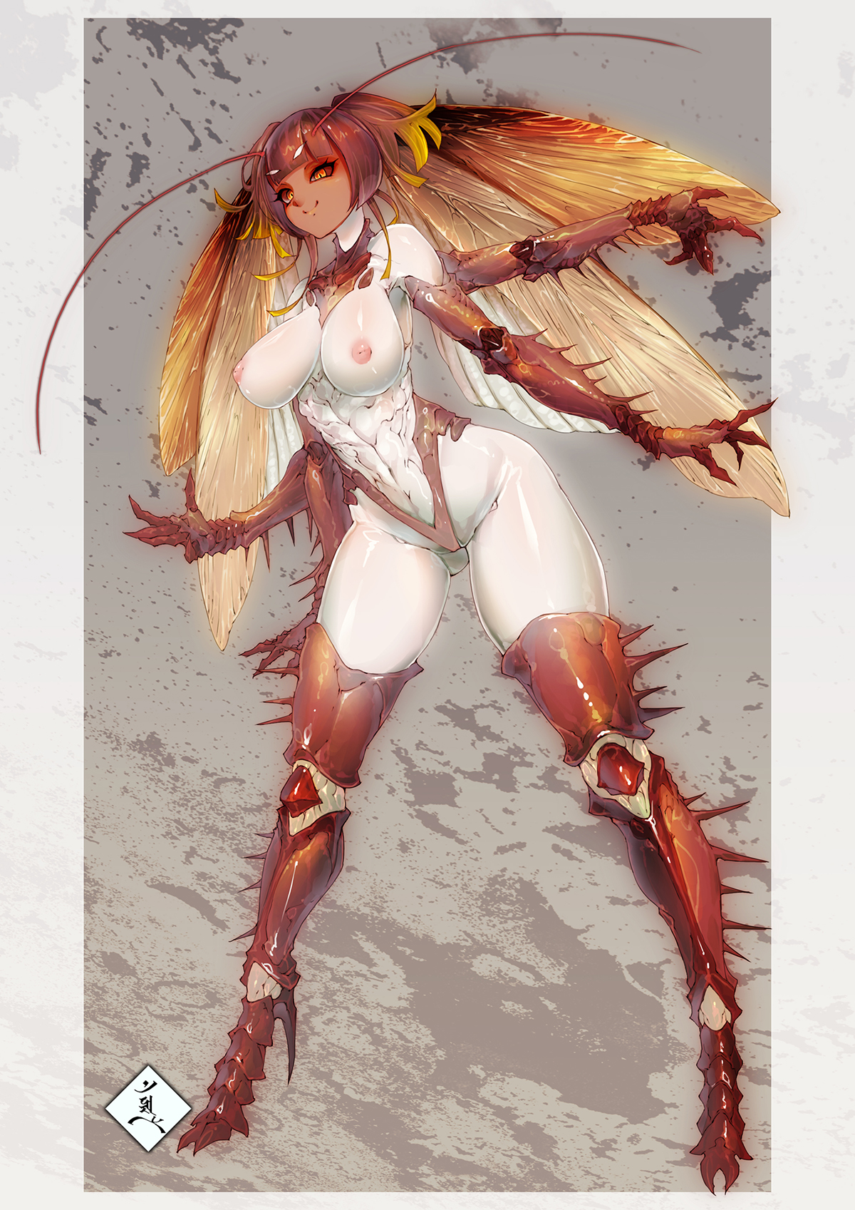 4 arms, abs, antennae, athletic, athletic female, breasts, female, mabo9317, monster, monster girl, moth, moth girl, multi arm, multi limb, wings