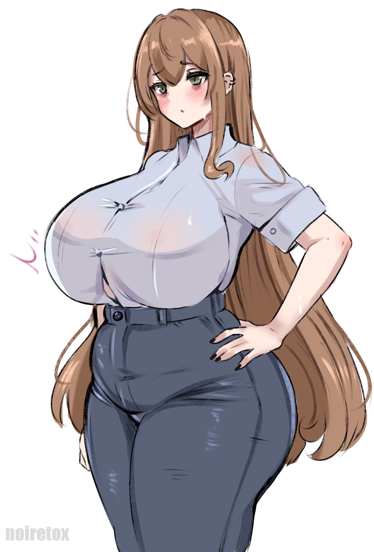 1girls black_nails black_pants blush breasts brown_hair bursting_breasts button_gap cowboy_shot curvy dot_nose earrings female_focus fingernails green_eyes grey_shirt hand_on_own_hip hi_res huge_breasts jewelry long_fingernails long_hair neet_girl_(noiretox) noiretox pants plump shirt skin_tight solo standing thick_thighs thighs very_long_hair white_background wide_hips