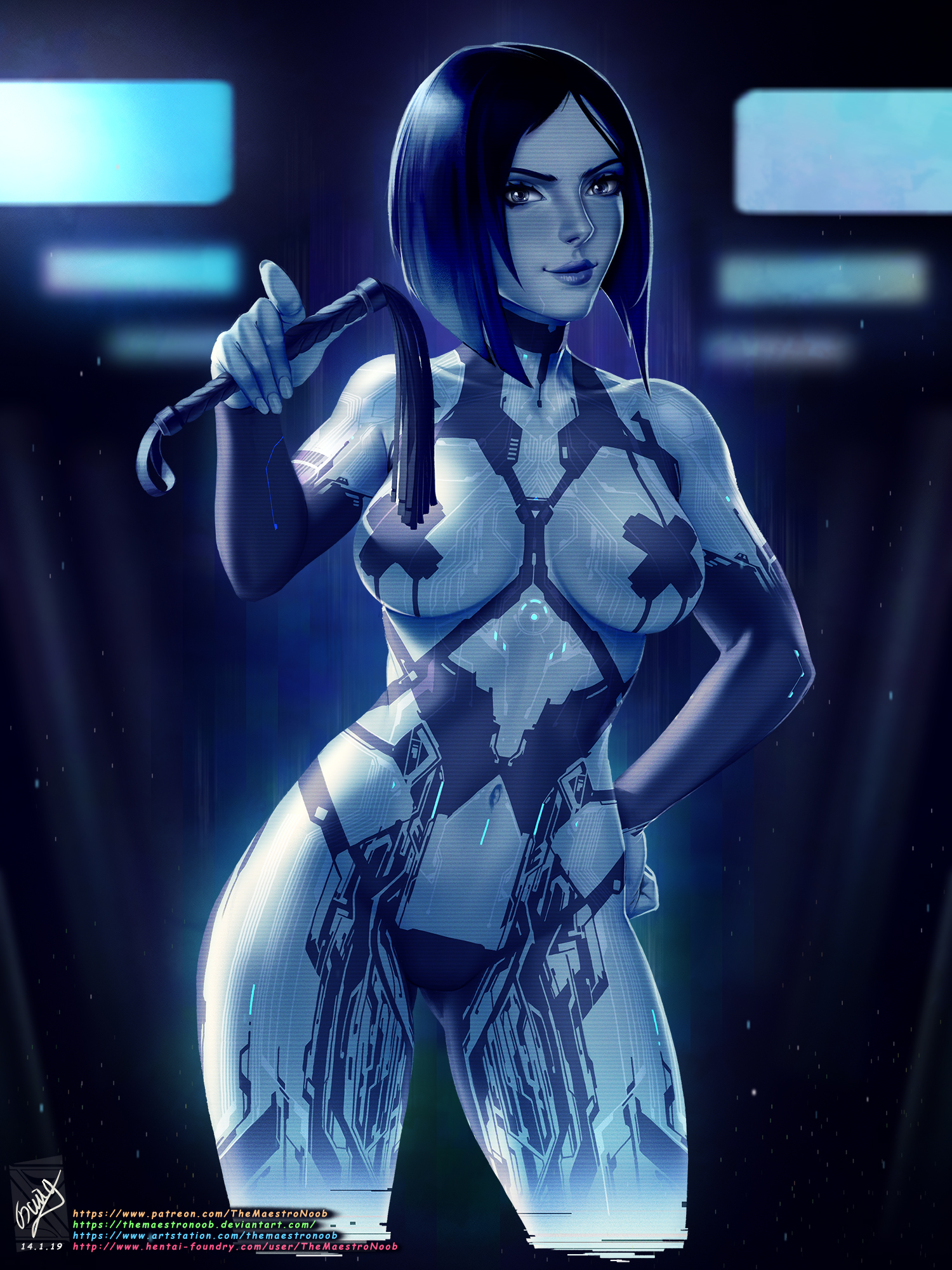 1girls, 2d, artificial intelligence, blue eyes, blue hair, bob cut, collar, cortana, cortana v2, dominatrix, female, female focus, female only, halo (series), halo 4, pasties, sci-fi, science fiction, scifi, short hair, solo, solo female, themaestronoob, x pasties