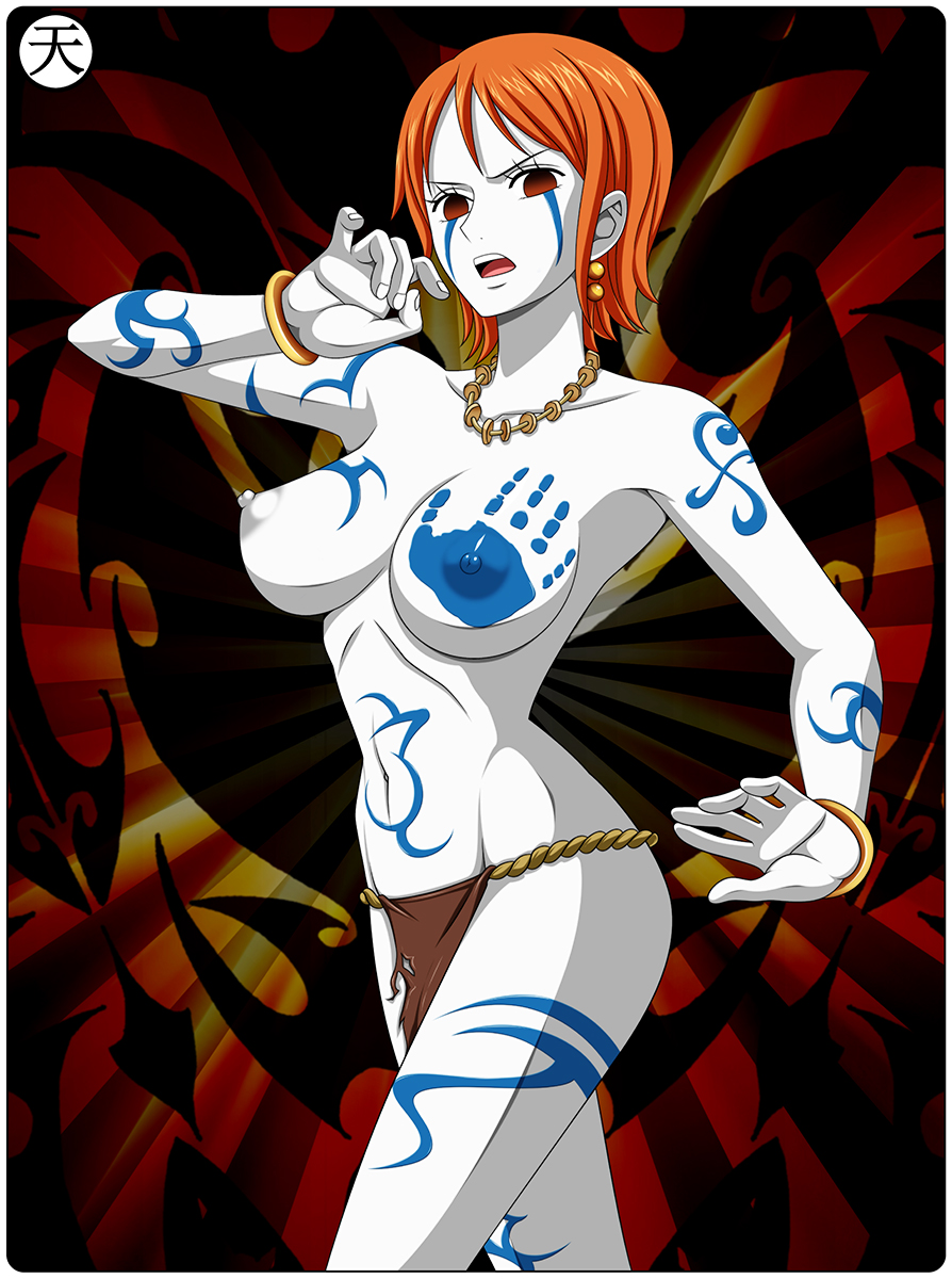 big_breasts breasts color female female_only hair handprint human nami nipples one_piece orange_hair pre-timeskip short_hair solo standing tattoo tenzen topless