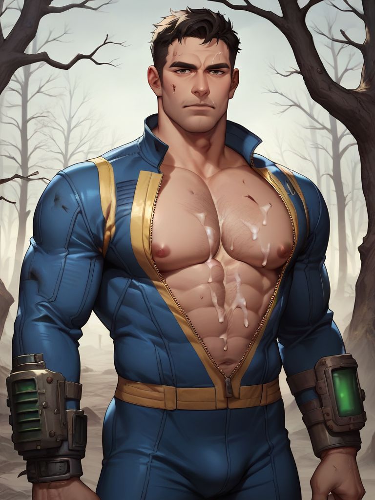 abs ai_generated bara biceps boyfriendai bulge clothing computer cum electronics fallout human looking_at_viewer male male_nipples male_only manly muscular_male nipples pale_skin pecs tight_clothing vault_suit wristwear