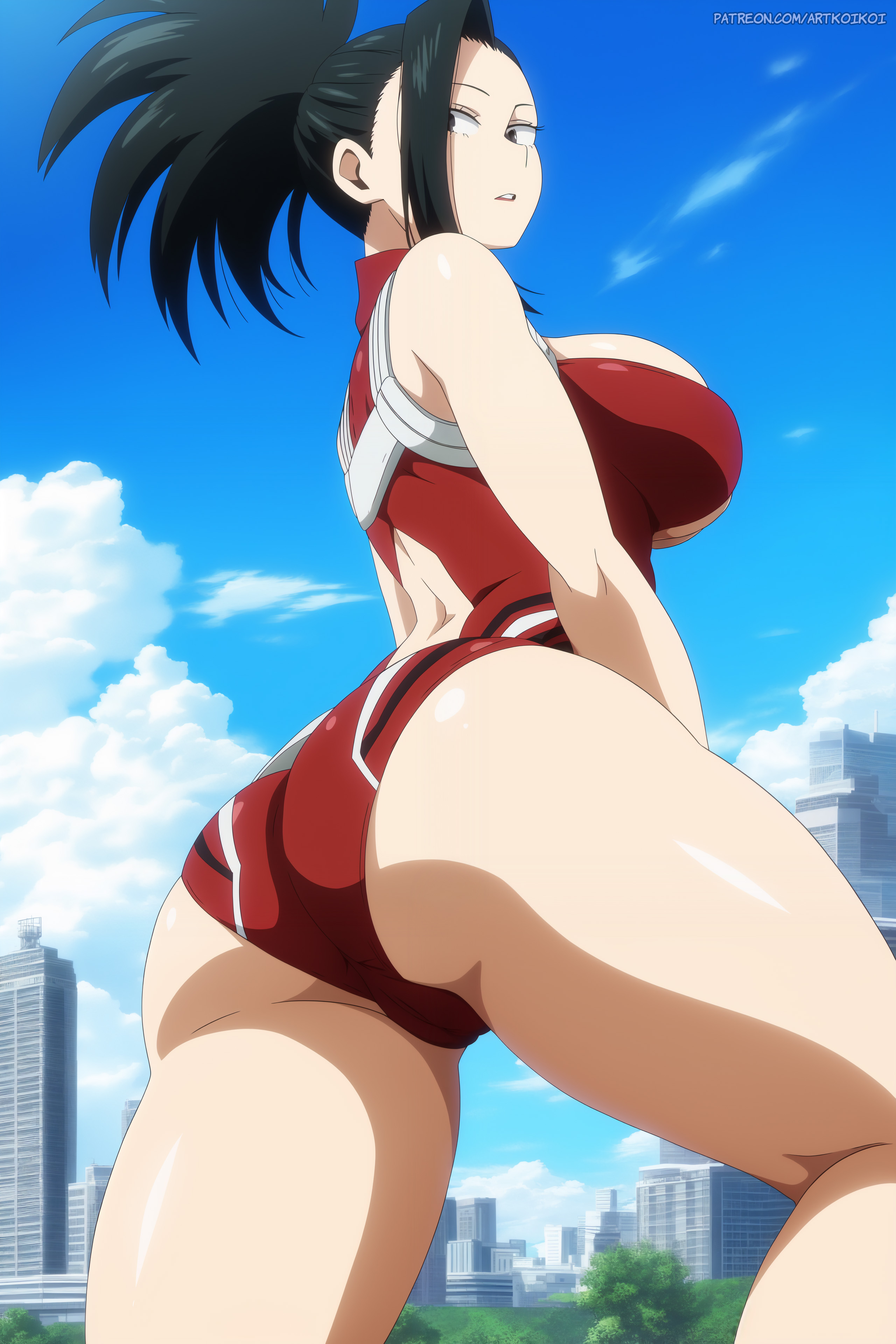 ai generated, artkoikoi, ass, below view, big ass, big breasts, big butt, boku no hero academia, breasts, female, koikoi, leotard, looking down, momo yaoyorozu, momo yaoyorozu (hero outfit), my hero academia, yaoyorozu momo, yaoyorozu momo (hero outfit)