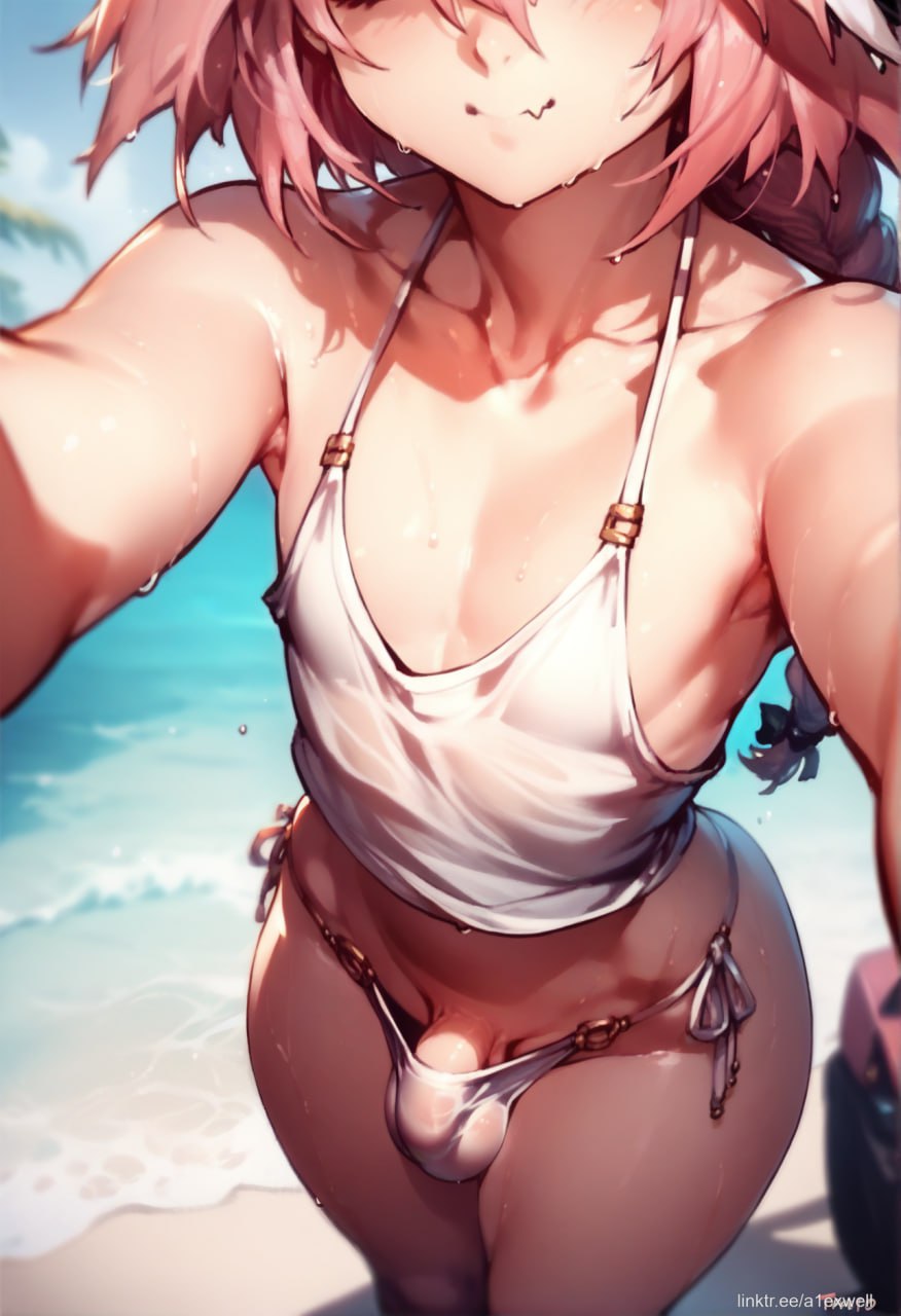 1boy a1exwell ai_generated astolfo_(fate) bikini_bottom bulge crop_top cute_male face_out_of_frame fangs femboy head_out_of_frame penis selfie stable_diffusion taking_picture testicles thong