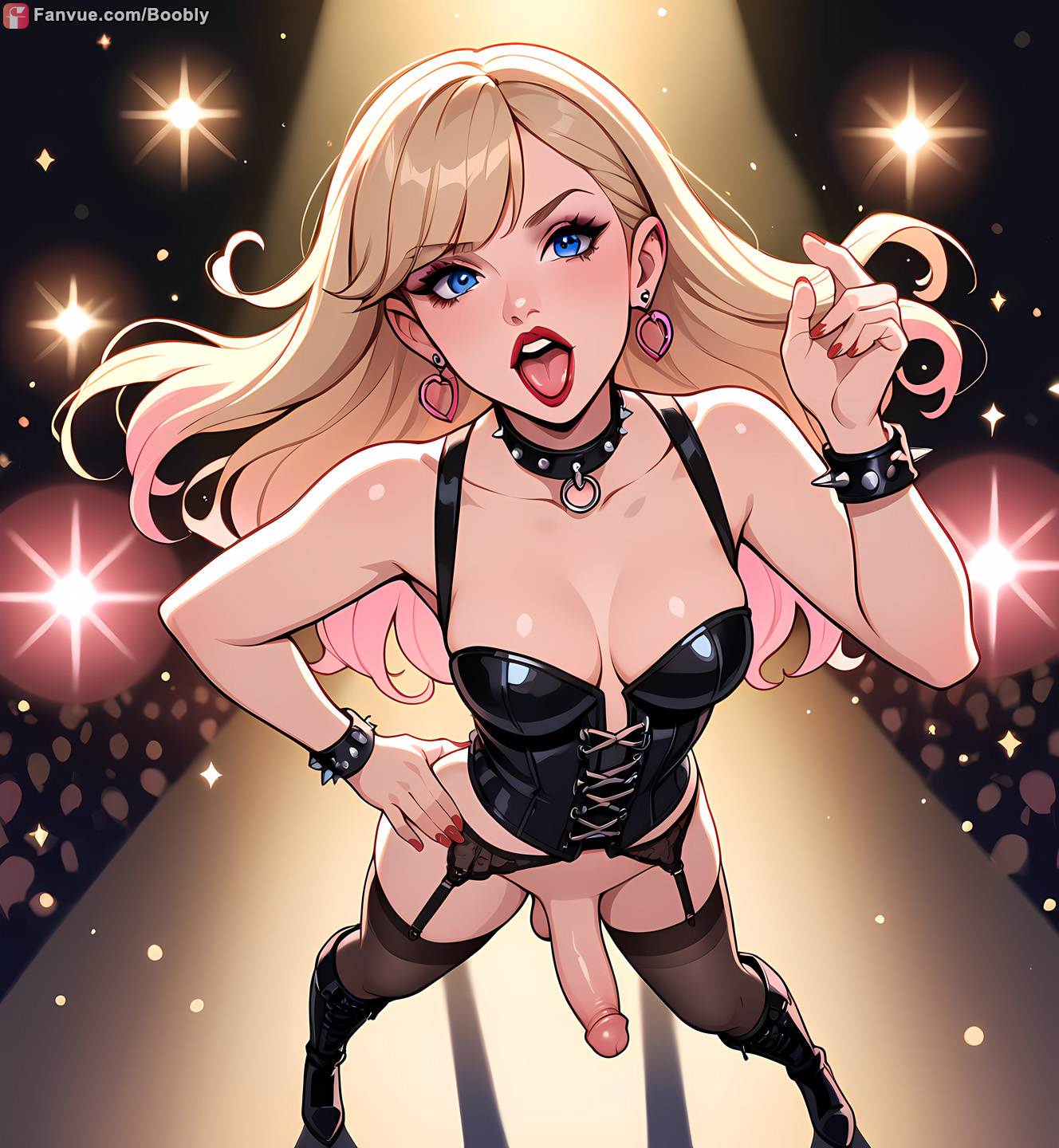 ai generated, blonde hair, blue eyes, boobly, boots, breasts, choker, corset, earrings, from above, full body, futanari, garter straps, intersex, medium breasts, open mouth, public nudity, stockings, taylor swift, tongue