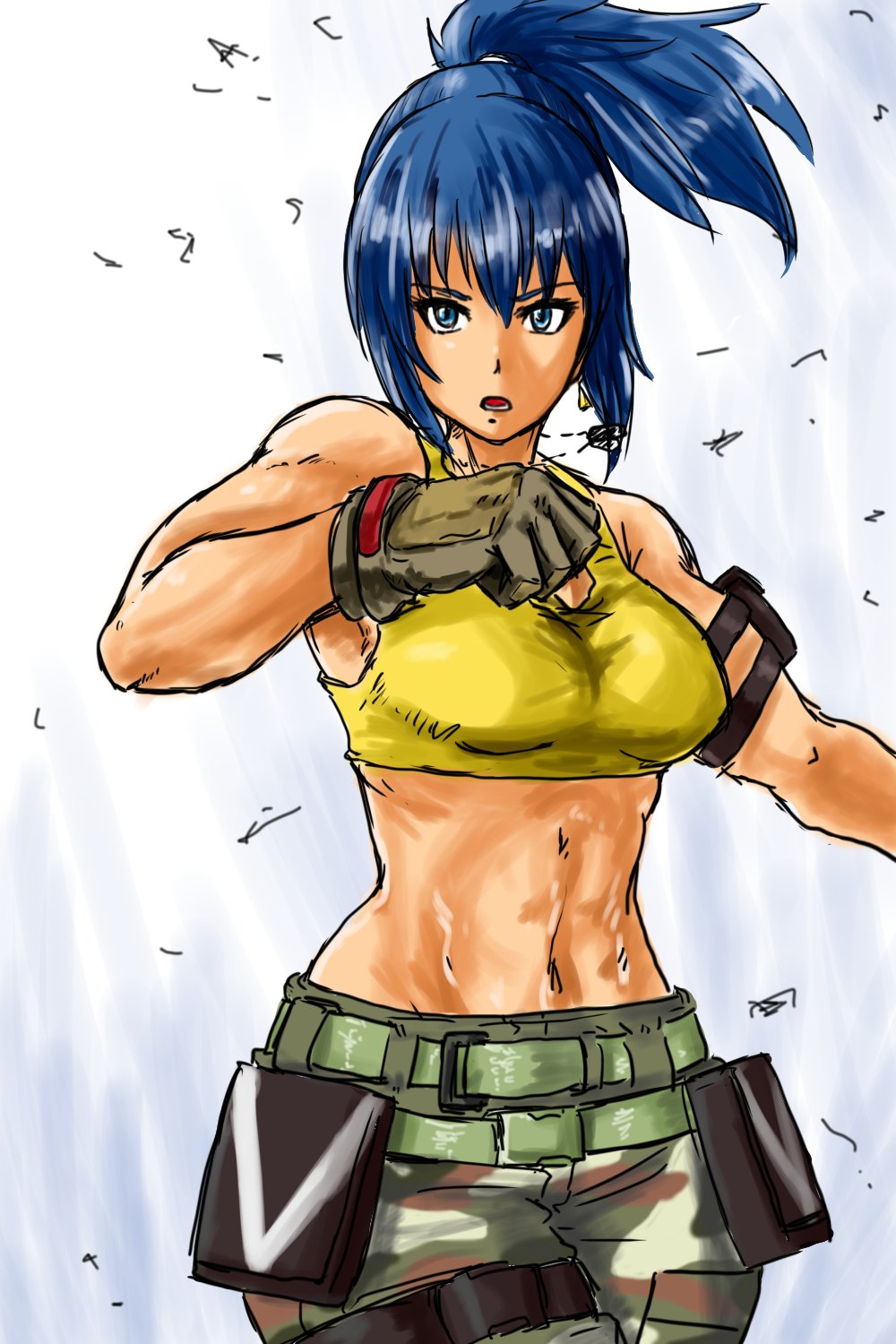 belt big_breasts big_breasts blue_eyes blue_hair camo camo_print camouflage earrings gloves king_of_fighters leona_heidern light-skinned_female light_skin long_hair military military_pants necklace pants tank_top