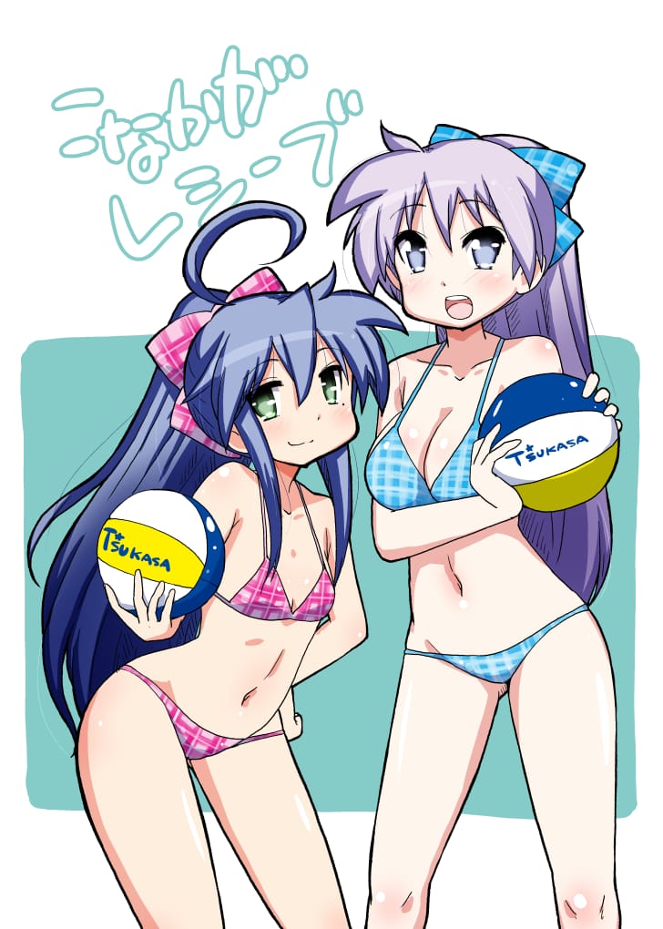 2girls bikini female female_only human kagami_hiiragi konata_izumi lucky_star mizushima_(p201112) multiple_girls