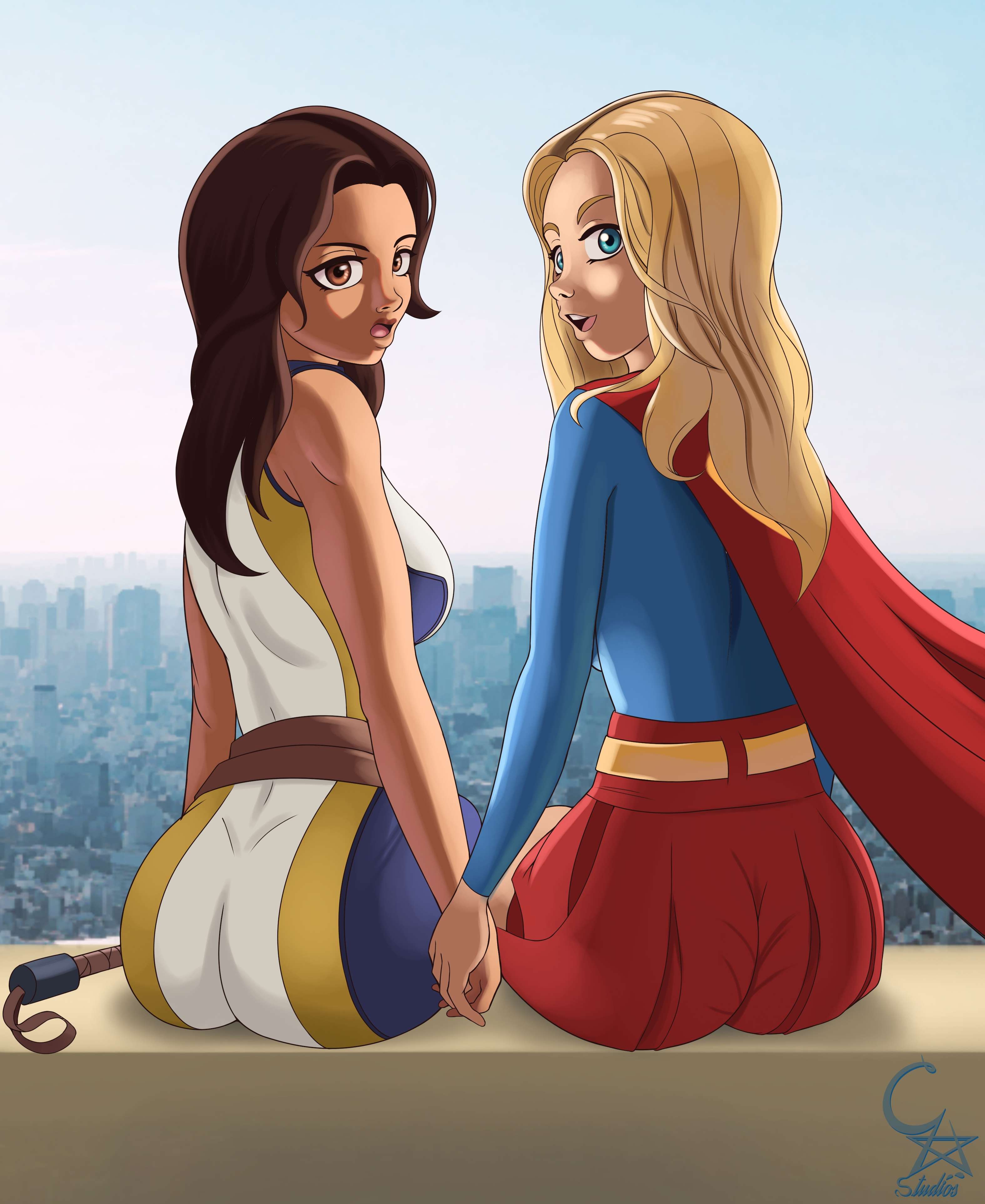 2025, 2d, 2d (artwork), 2girls, artist name, ass, blonde hair, blue eyes, brown eyes, brown hair, bubble ass, bubble butt, cape, city background, clothed, clothed female, cockstar studios, dc, dc comics, dcu, female, female only, hawkgirl, hawkgirl (dcu), interspecies, isabela merced, kara zor-el, kendra saunders, latina, looking at viewer, looking back, mace, melee weapon, multiple females, multiple girls, peruvian female, questionable, sfw, signature, skirt, supergirl, supergirl (dcu), superheroine, superman (2025), superman (series), text, urban, weapon