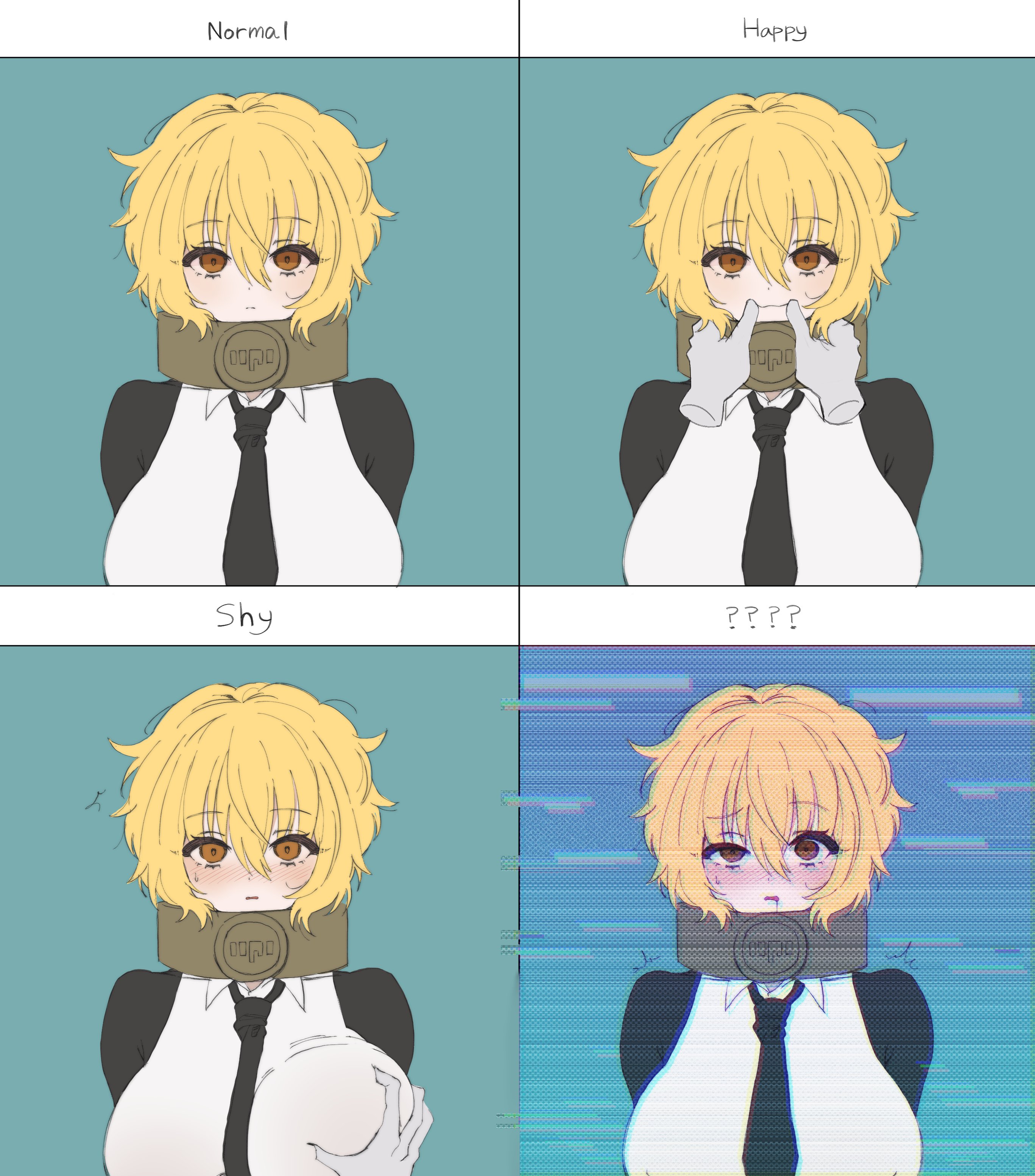 1girls, 1other, black necktie, blodne hair, blonde-haired female, blush, blushed face, blushing at viewer, blushing female, breasts, collar, don quixote (limbus company), empty eyes, female, glitch, hand on breast, horny, index (identity) (project moon), index don quixote, large breasts, limbus company, long sleeves, looking at viewer, meme, myago, necktie, project moon, shirt, short hair, shy, squeezing, squeezing breast, the index (project moon), white shirt, yellow eyes