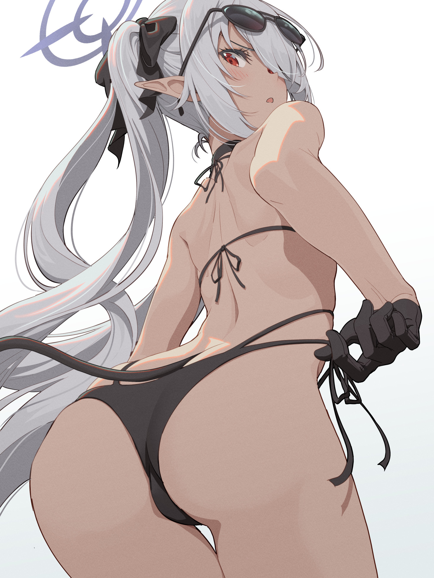 :o, ass, back, bikini, black bikini, black gloves, black ribbon, blue archive, commentary, dark skin, dark-skinned female, eyewear on head, female, from behind, glasses, gloves, grey hair, grey halo, hair ribbon, halo, highres, iori (blue archive), iori (swimsuit) (blue archive), long hair, multi-strapped bikini bottom, official alternate costume, open mouth, pinakes, pointy ears, red eyes, ribbon, side-tie bikini bottom, simple background, solo, swimsuit, tail, thighs, twintails