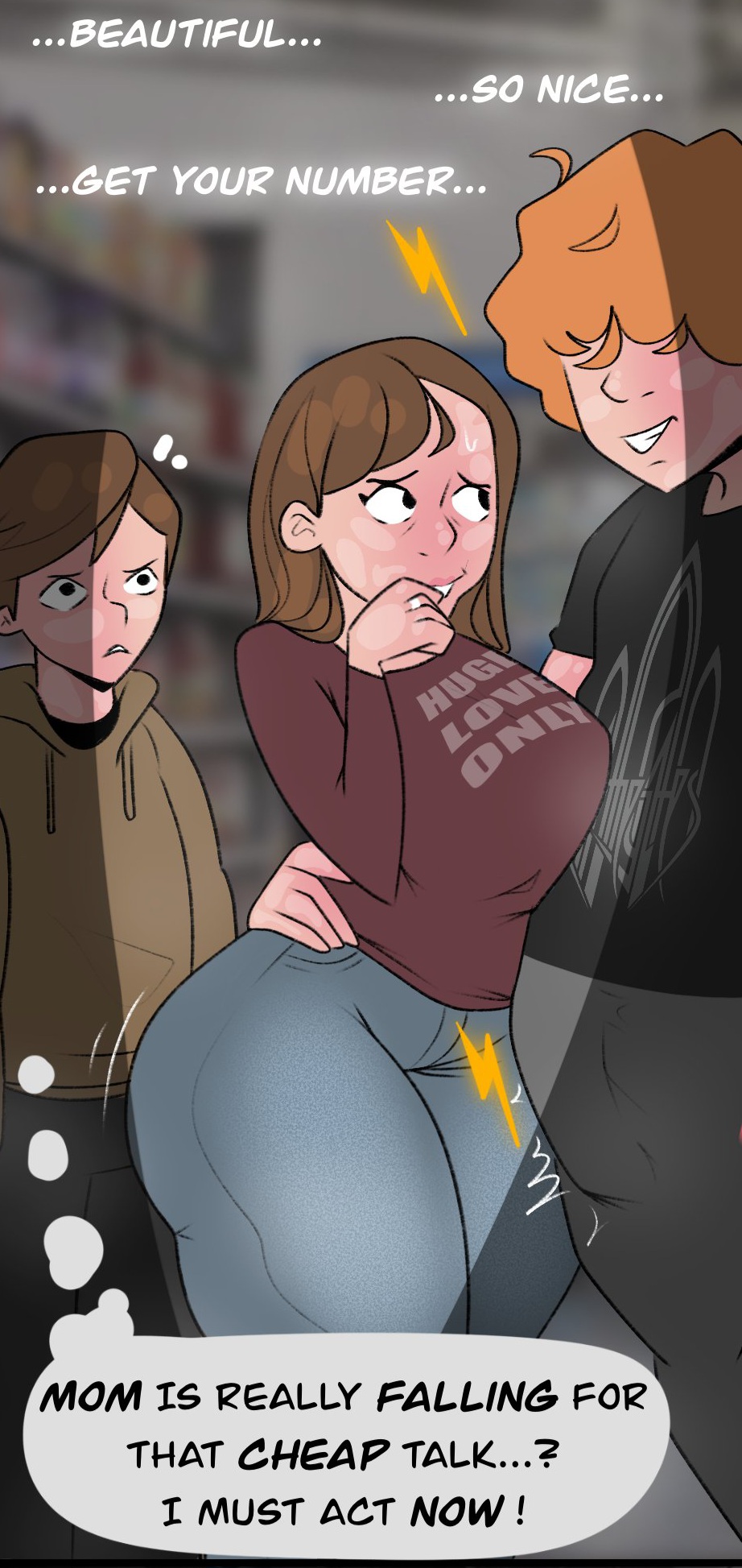 2d, 2d (artwork), art, ballsmayboil, big ass, big butt, cuckold, married female, married woman, mature female, mature woman, milf, mother, mother and son, mother and son's friend, motherly cuckold, original, original character, text, thick ass, thick legs