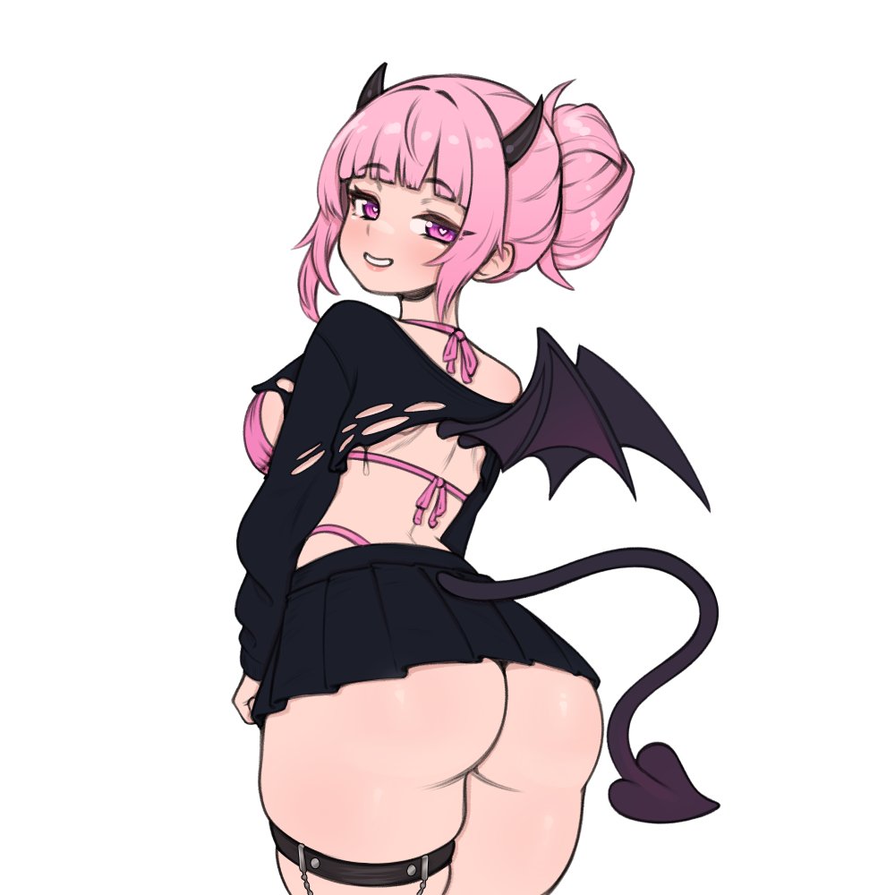 1girls, ass, ass focus, ass hanging out, ass hanging out of skirt, beltskirt, big ass, bikini, commission, demon, demon girl, demon horns, demon tail, demon wings, female, female focus, female only, hair bun, heart-shaped pupils, horn, horns, ineffective skirt, looking at viewer, looking back, miniskirt, original, pink eyes, pink hair, simple background, skirt, smile, solo, solo female, solo focus, succubus, succubus horns, succubus tail, succubus wings, tail, torn clothes, whomperfruit, wings
