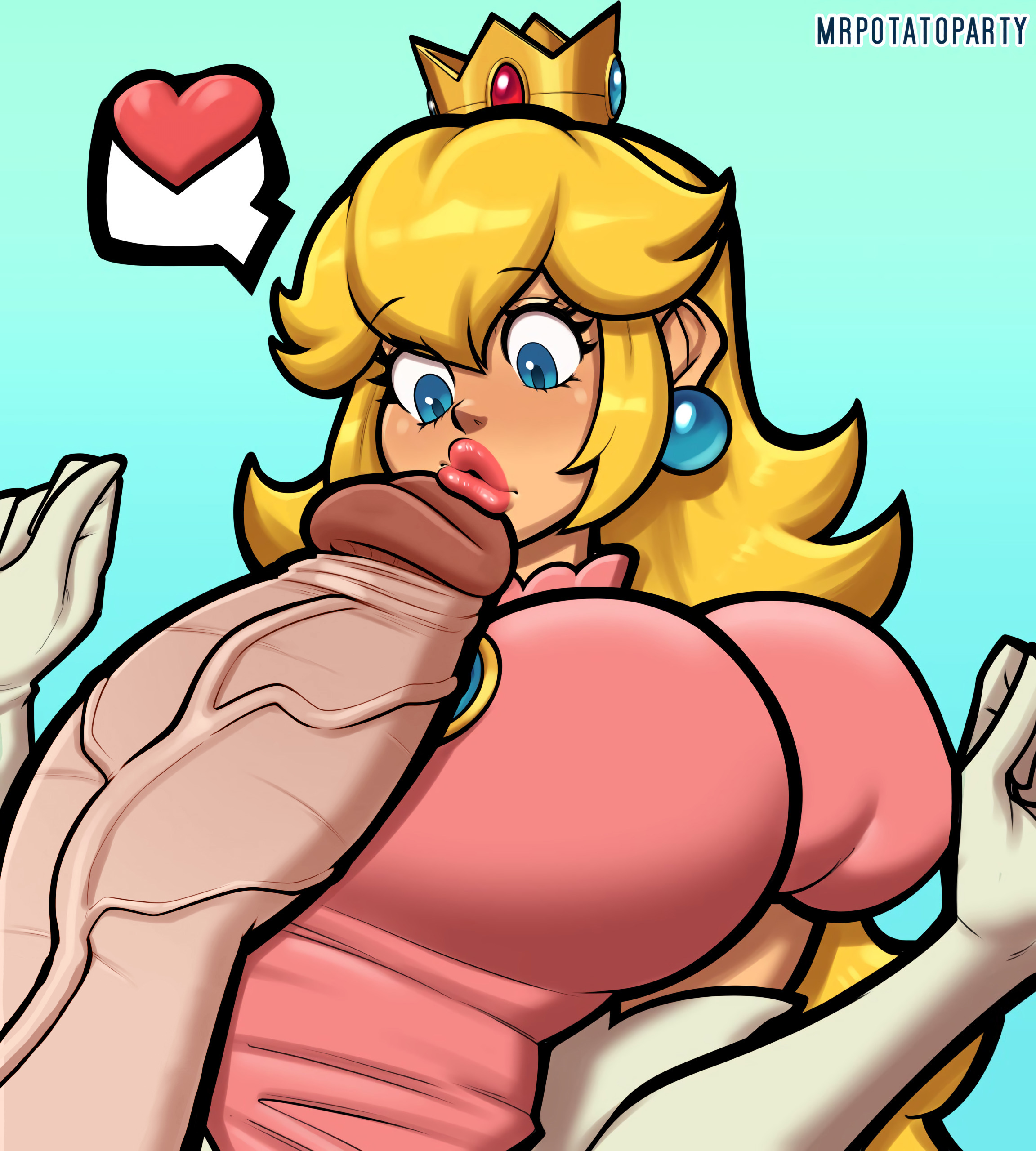 1boy, 1girls, big breasts, blonde hair, blue eyes, busty, dress, gloves, imminent fellatio, imminent oral, large breasts, mario (series), mario bros, mrpotatoparty, nintendo, penis on face, pink lipstick, princess, princess peach, puckered lips, smile, super mario bros., voluptuous