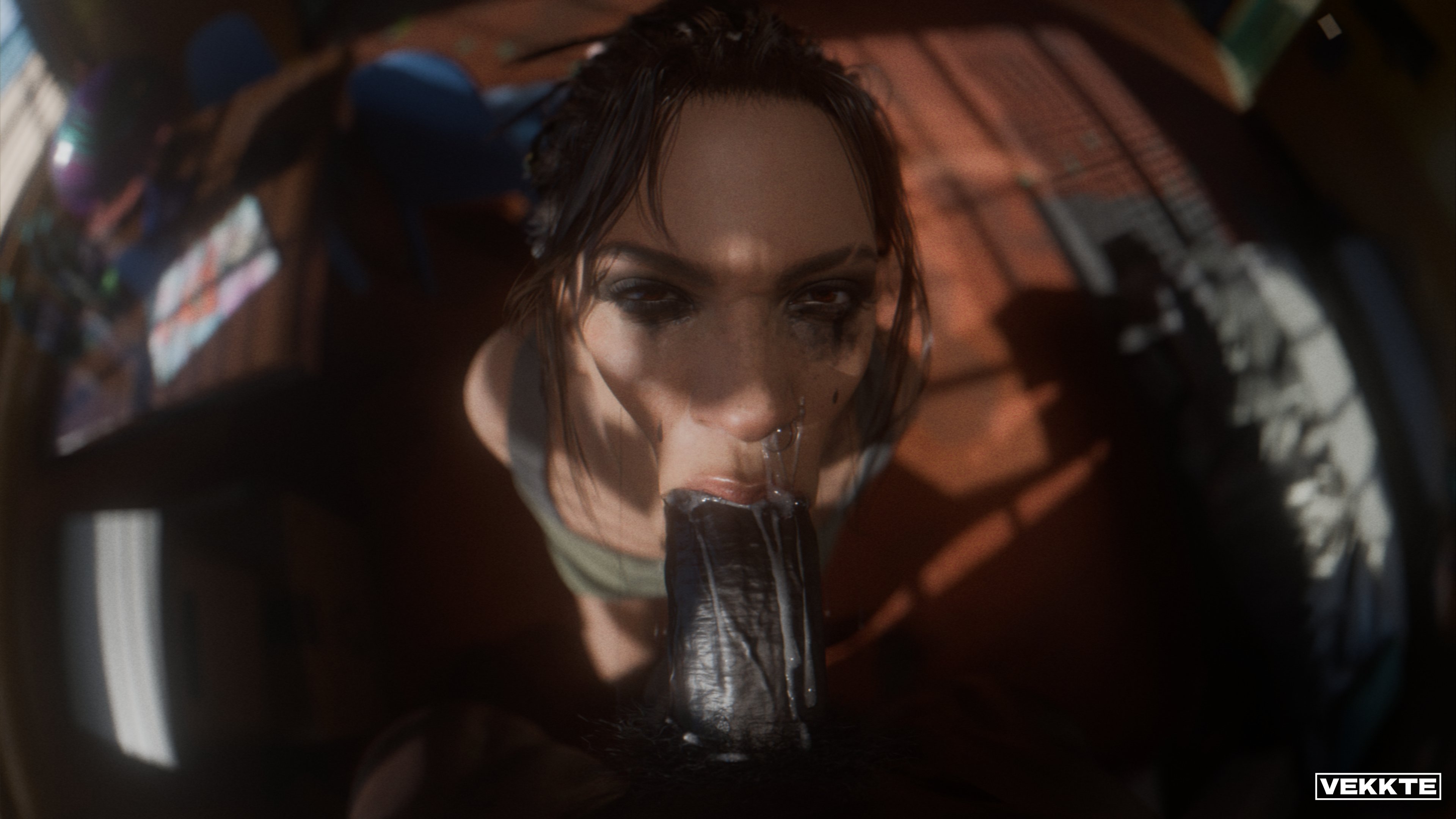 1boy, 1girls, 3d, artist name, big penis, black hair, blowjob, brown eyes, cd projekt red, cock, cum, cum in mouth, cum in nose, cum on penis, cyberpunk 2077, dark skin, dark-skinned male, duo, fellatio, female, female penetrated, huge cock, interracial, kneeling, kneeling female, kneeling oral position, lips, looking at partner, looking at viewer, male, male penetrating, male penetrating female, male pov, male/female, mascara tears, oral, oral penetration, oral sex, panam palmer, penis, penis in mouth, pov, pov eye contact, pov male, pubes, pubic hair, ruined makeup, running mascara, runny makeup, runny mascara, straight, tan skin, tan-skinned female, thick penis, vekkte, watermark