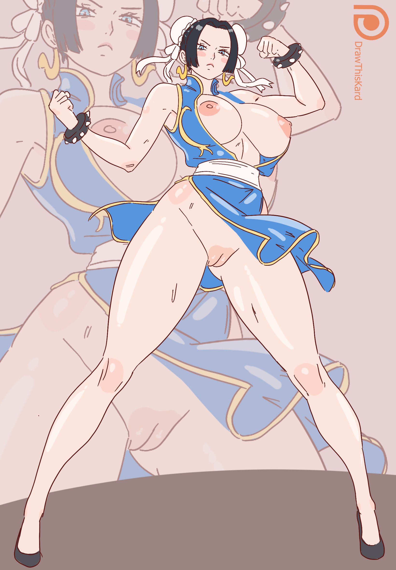 1girls, areolae, big breasts, black hair, black-haired female, blue eyes, blush, boa hancock, breasts, bun cover, capcom, chun-li (cosplay), cosplay, drawthiskard, earrings, female, female only, hair buns, hairless pussy, hi res, looking at viewer, nipples, no panties, one piece, pussy, solo, spiked bracelet, street fighter, thick thighs, twin buns
