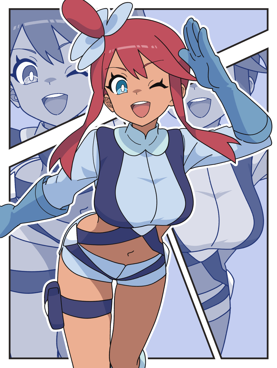big breasts, blue eyes, blue gloves, blue jacket, blue shorts, breasts, commentary request, crop top, cropped jacket, female, game freak, gloves, hair between eyes, hair ornament, highres, jacket, kanbei (pixiv11037490), large breasts, long hair, looking at viewer, midriff, navel, nintendo, one eye closed, one side up, open mouth, pokemon, pokemon bw, red hair, short hair with long locks, short shorts, shorts, sidelocks, skyla (pokemon), smile, swept bangs, tan, tan body, tan skin, tanned female, teeth, thick thighs, thigh holster, thigh pouch, thigh strap, thighs, thin waist, upper teeth only, wide hips, wink, winking, winking at viewer, zoom layer