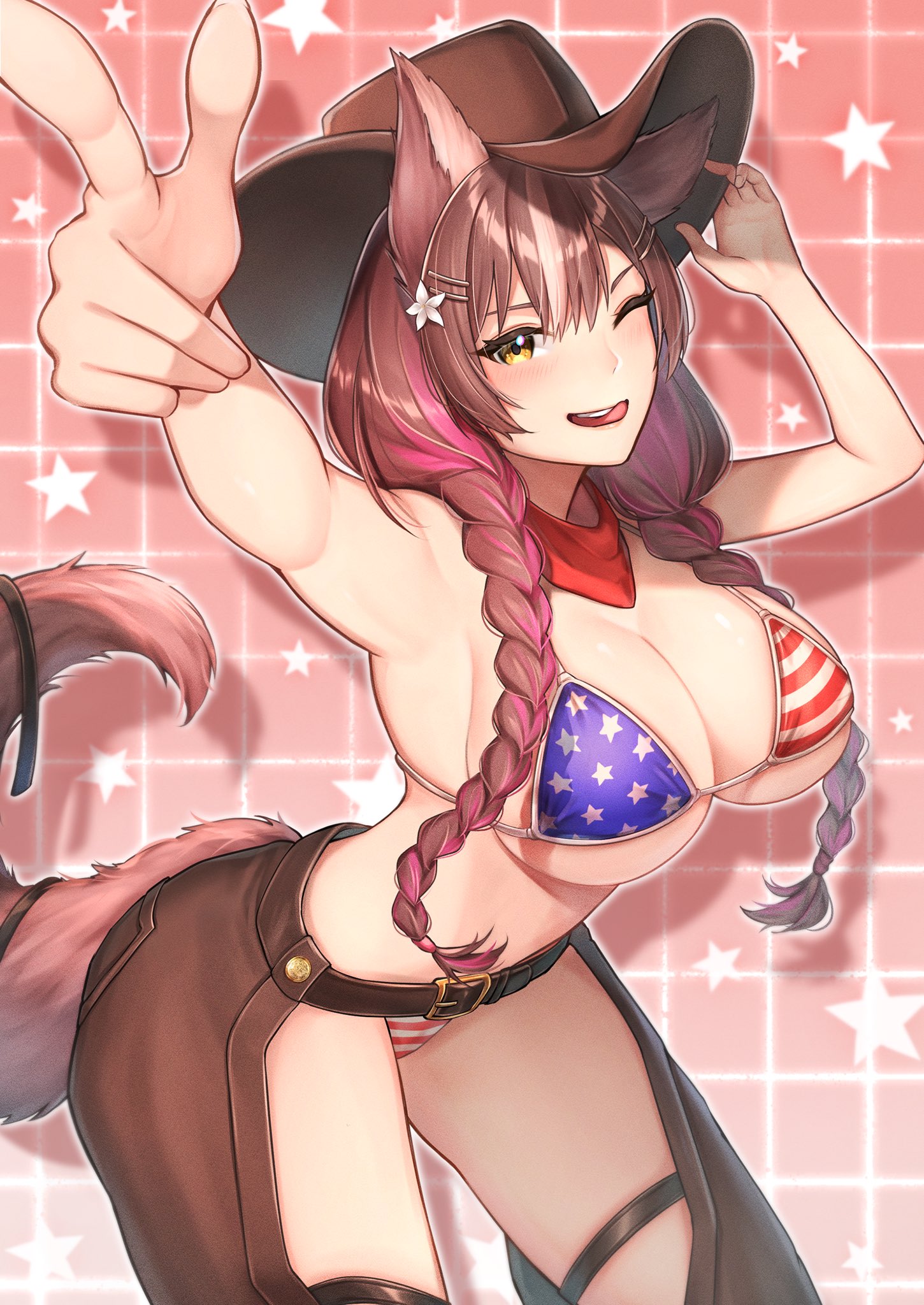 1girls, american flag, american flag bikini, american flag print, animal ears, belt, big breasts, bikini, braid, breasts, brown hair, chisaka airi, cleavage, commentary, commission, cow girl, cowboy hat, curvy, english commentary, female, flag print, flag print bikini, flower, hair flower, hair ornament, hat, highres, huge breasts, large breasts, massive breasts, multicolored hair, one eye closed, phase alias, phase connect, pink hair, print bikini, red scarf, scarf, simple background, solo, star (symbol), streaked hair, swimsuit, tail, thigh strap, thighs, tongue, tongue out, twin braids, under eko, vgen commission, virtual youtuber, voluptuous, vtuber, white hair, wolf ears, wolf girl, wolf tail, yellow eyes
