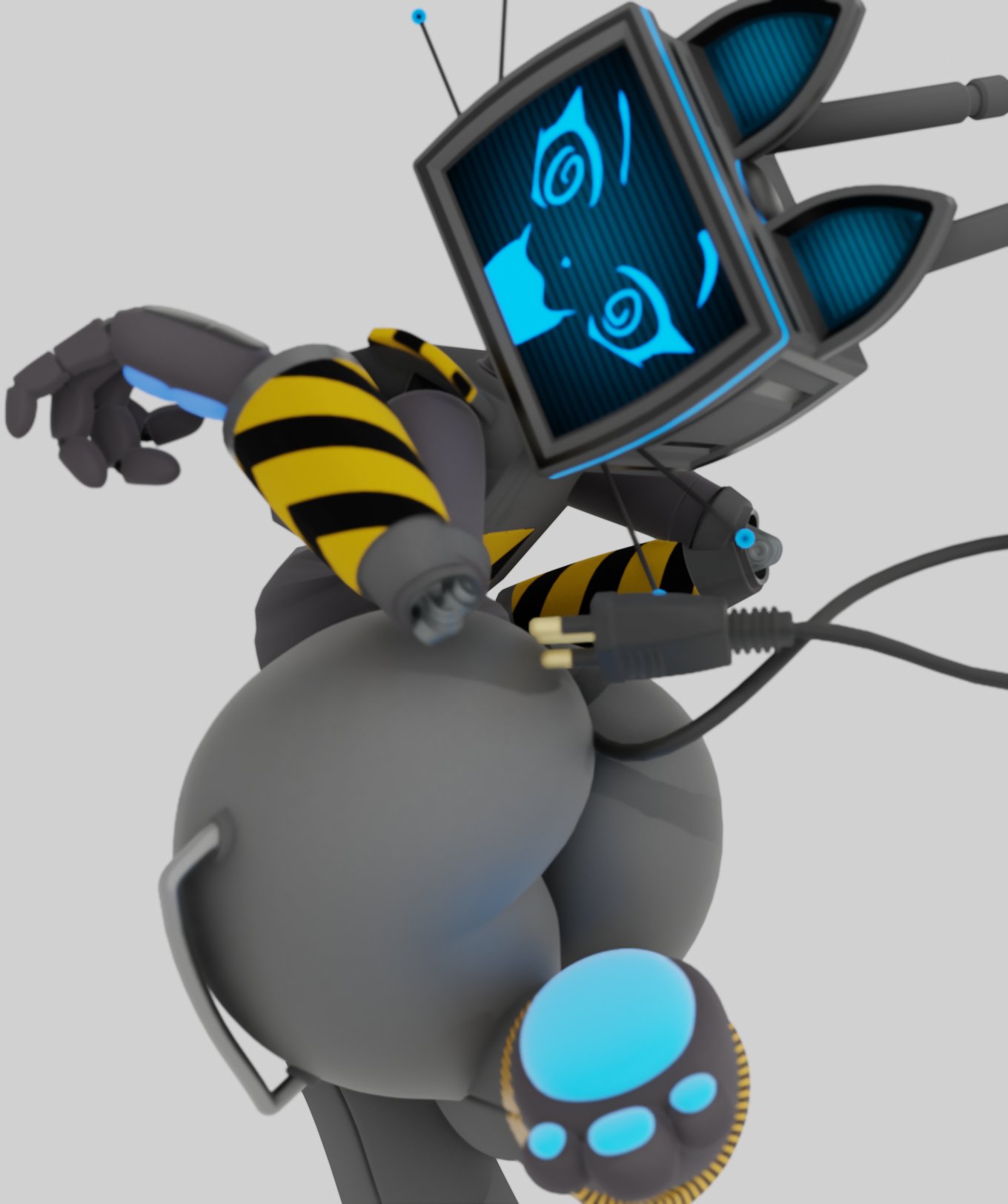 anthro, belly, breasts, cat ears, cat tail, cat whiskers, female, handlebars, handles on hips, jxwankel, kerfur, kerfuś, palmtreerothic, paws, power cable, robot girl, thighs