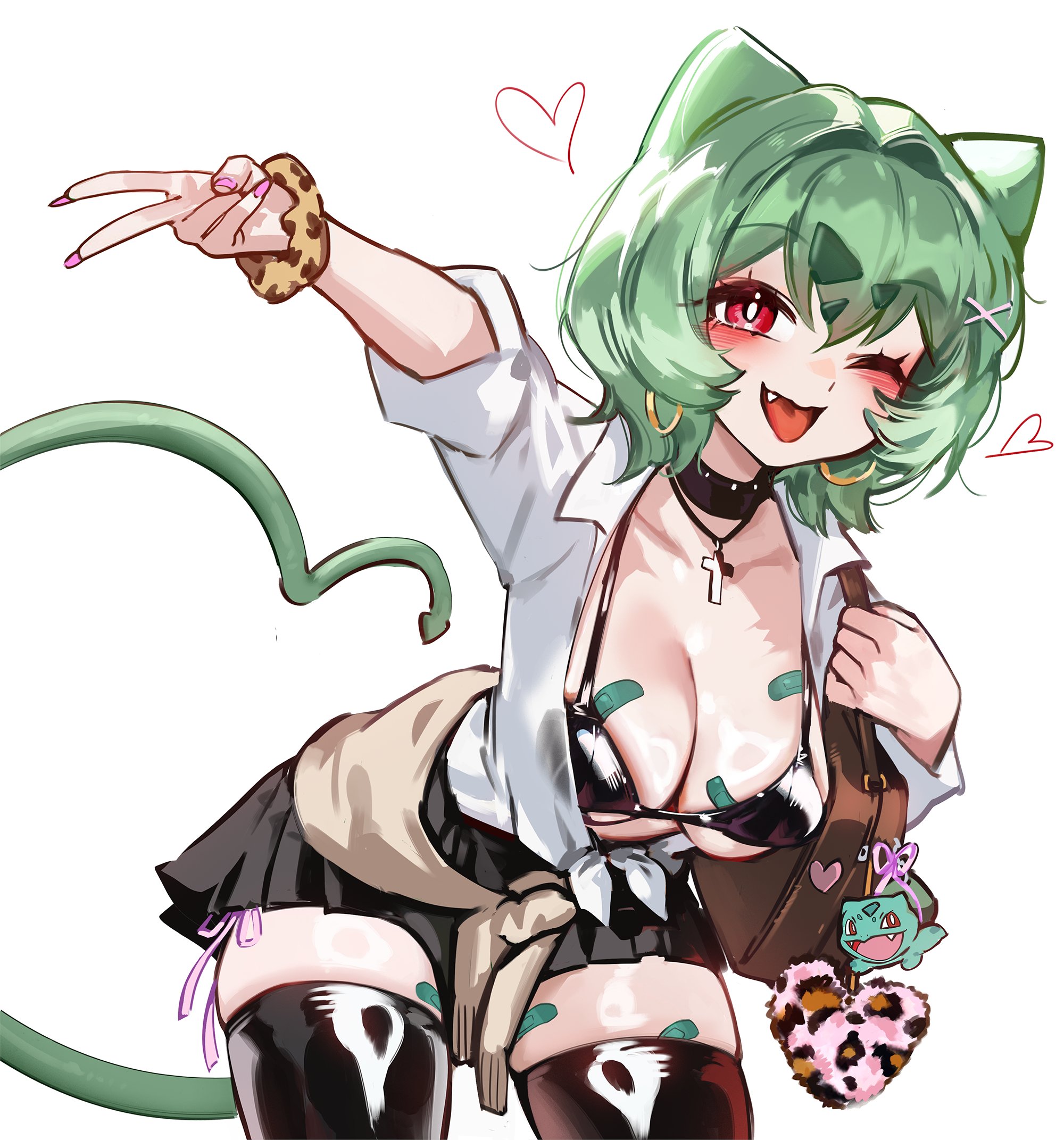 bandaid, black thighhighs, blush, bulbasaur, fang, foolish potato, fushigidane, gyaru, gyaru bulbasaur, gyaru bulbasaur (shin no tenpii), gyaru fushigidane, gyaru fushigidane (shin no tenpii), heart, large breasts, one eye closed, poco a pokemon, pokemon, pokemon (species), pokopia, thighhighs, v