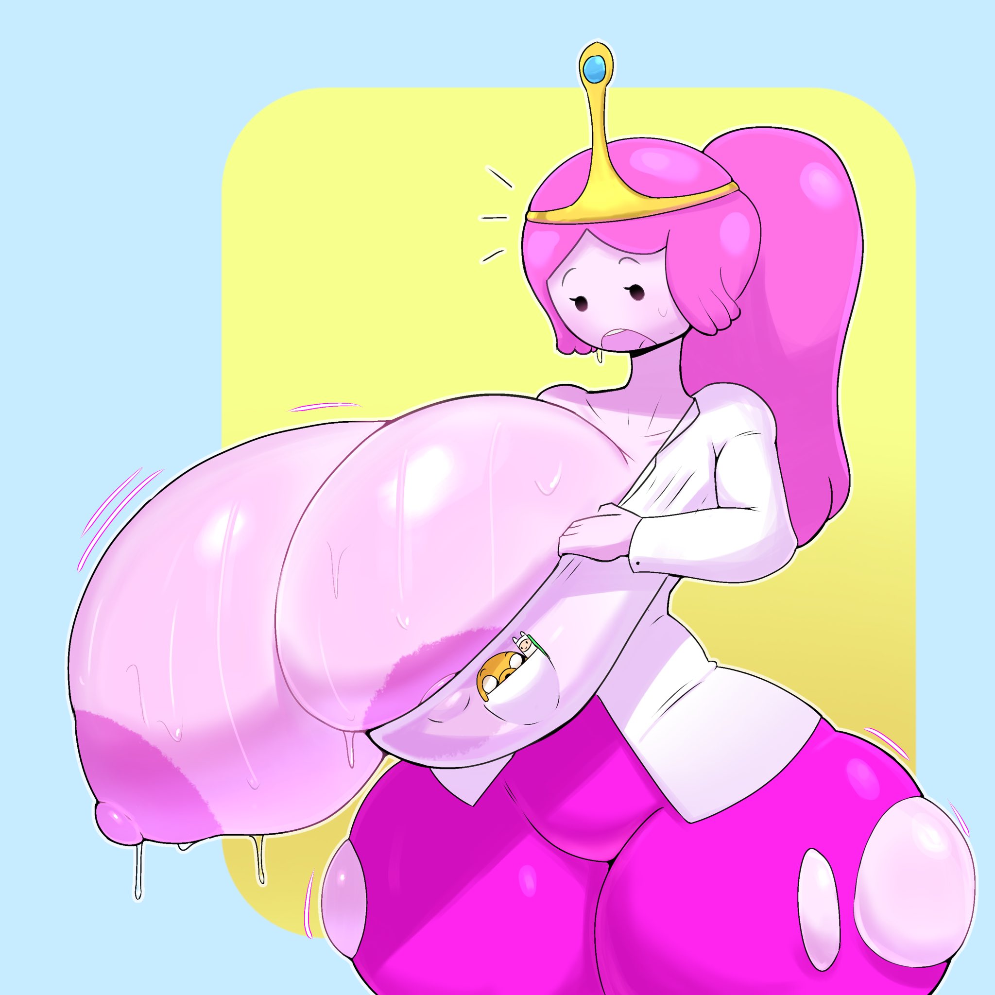 1boy, 1girls, adventure time, areolae, big breasts, breasts, crown, jake the dog, labcoat, megamor, nipples, pink hair, princess bubblegum, revealing clothes, simple background, sweat, sweatdrop, tearing clothes, torn clothes, voluptuous female