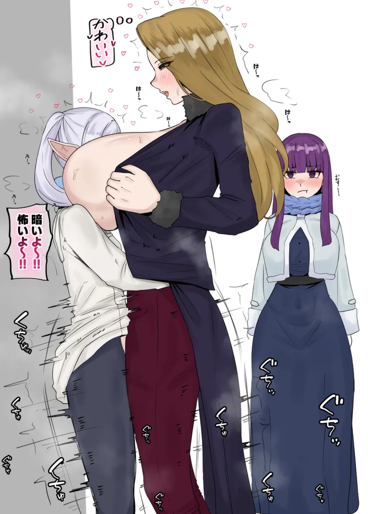 1futa, 2girls, 3girls, big breasts, bigger female, blonde hair, blush, breasts in face, busty female, elf, elf ears, elf female, fern (sousou no frieren), frieren, futa on female, hands around waist, huge breasts, human, human female, implied futa, implied sex, large breasts, light-skinned female, long hair, looking pleasured, marshmallow hell, methode (sousou no frieren), moaning, open jacket, pointy ears, purple hair, sex, shorter female, silver hair, slim waist, smaller female, smothering breast, sousou no frieren, taller female, thighjob, thrusting, trand1008, twintails, vaginal penetration, wide hips, yuri