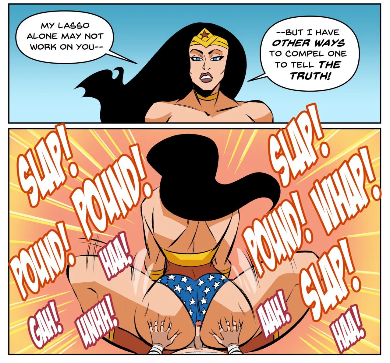 1boy, 1girls, 2d, 2d (artwork), ass, ass focus, ass grab, assjob, average sized penis, big ass, big breasts, black hair, blue eyes, breasts, buttjob, choker, clothed, clothed sex, covered buttjob, dc, dc comics, glassfish, grabbing, grabbing ass, grabbing from behind, hips, lips, lipstick, long hair, penis, sex, thick thighs, thighs, wide hips, wonder woman, wonder woman (series)
