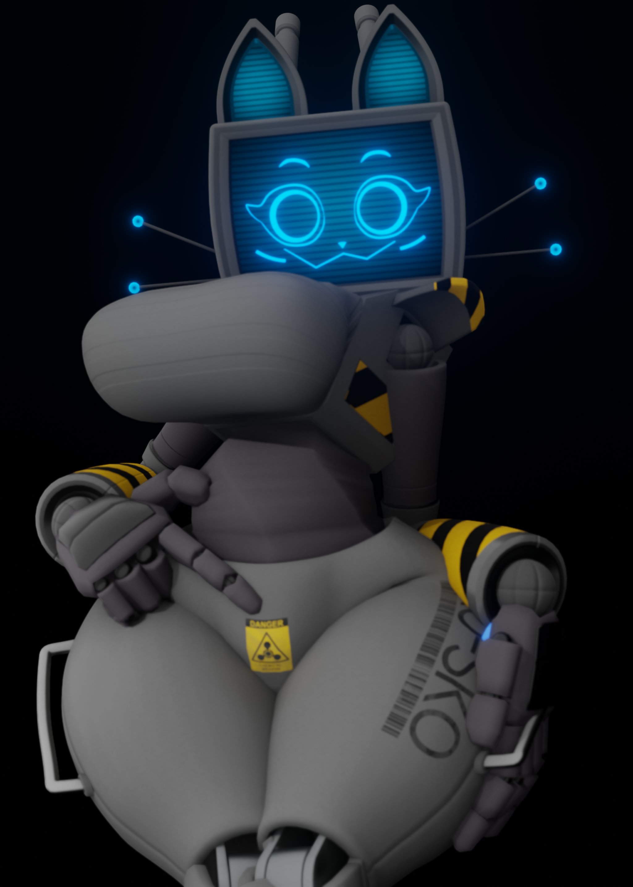 belly, blue eyes, breasts, cat ears, cat tail, cat whiskers, jxwankel, kerfur, kerfuś, palmtreerothic, robot girl, sticker, thighs, warning symbol