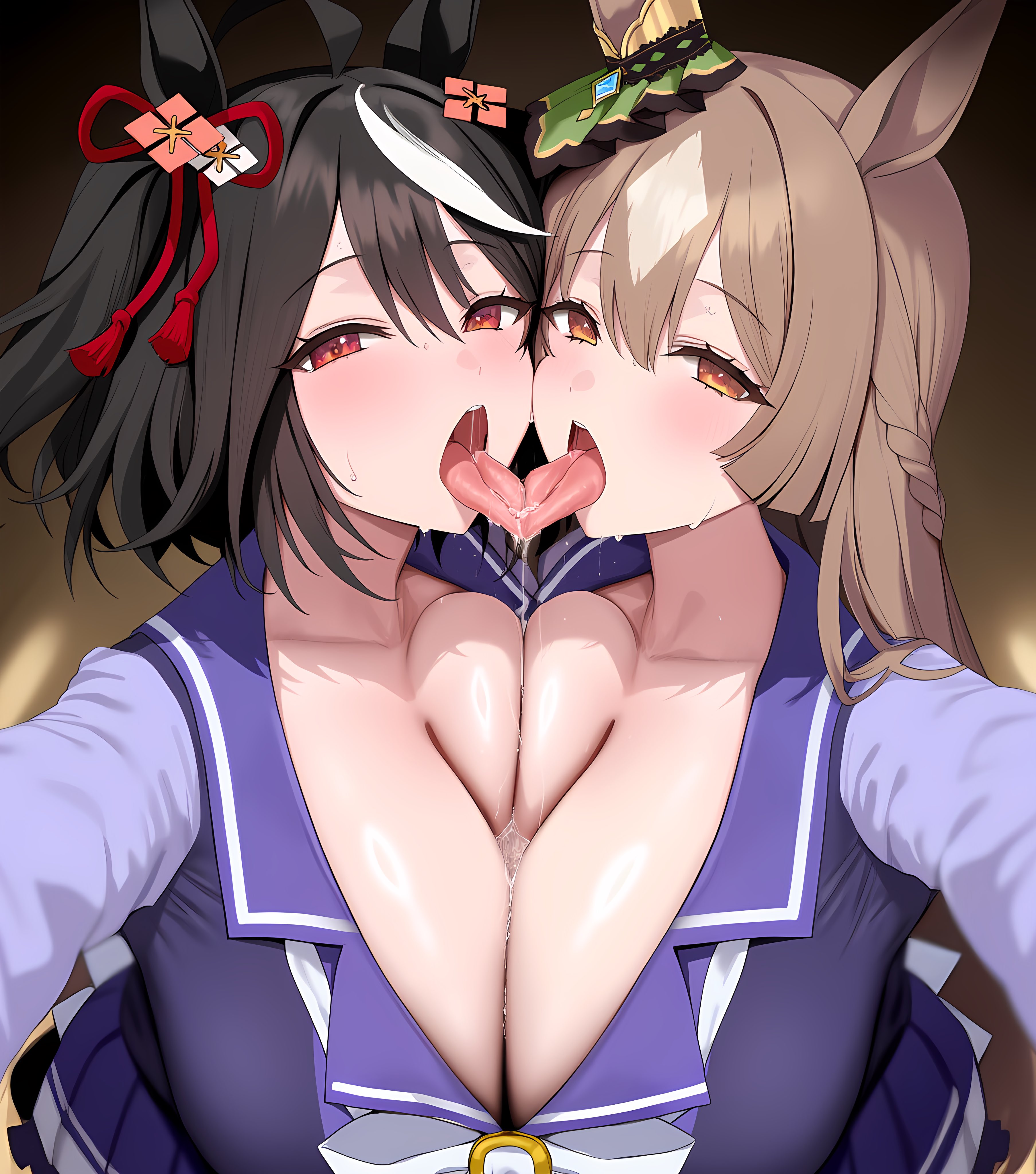 2girls, ai generated, animal ears, anthropomorphization, breast press, eyes, female, hair, kitasan black (umamusume), legs, pressing breasts together, satono diamond (umamusume), short black hair, short hair, skin, tagme, tongue, tongue kiss, tongue out, umamusume, umamusume pretty derby, young