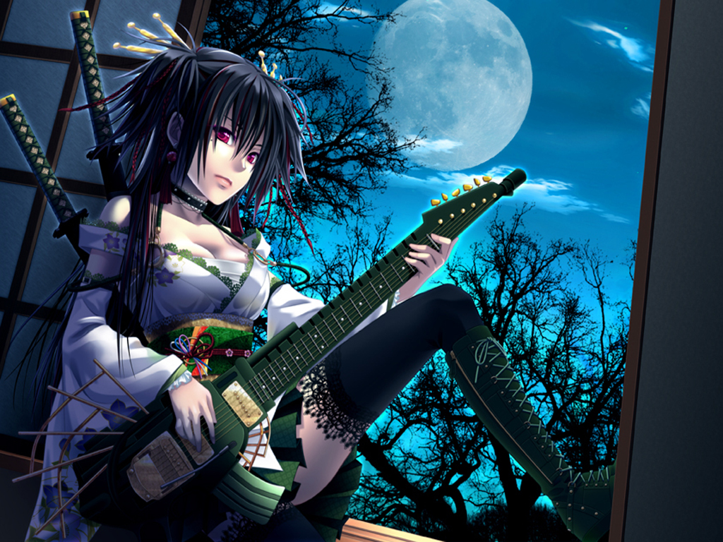 beige_skin black_hair boots breasts clothes color covered_breasts ear_piercing electric_guitar female female_only footwear guitar hair indoors instrument japanese_clothes katana long_hair looking_at_viewer moon mouth night open_eyes open_mouth piercing red_eyes round_ears samurai_girl sitting skin solo sword tree weapon