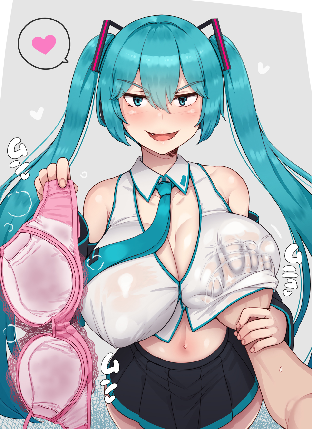 1boy, 1girl, 1girls, 1other, abubu, alternate breast size, aqua eyes, aqua hair, assertive female, bare shoulders, blue eyes, blue eyes female, blue hair, blue hair female, blue necktie, blue tie, blush, bra, bra removed, breast grab, breasts, cleavage, covered erect nipples, covered nipples, detached sleeves, eyebrows visible through hair, eyelashes visible through hair, fang, grabbing, grabbing another's breast, groping, groping breasts, guided breast grab, guiding hand, hair between eyes, hatsune miku, heart, hetero, highres, holding, holding another's wrist, holding bra, holding clothes, holding underwear, huge breasts, large breasts, long hair, looking at viewer, naughty face, navel, necktie, no bra, open mouth, pink bra, pleated skirt, pov, pov hands, presenting bra, see-through clothes, see-through shirt, shirt, simple background, skirt, smile, smug, solo focus, speech bubble, spoken heart, steam, steaming clothes, tie, twintails, underwear, unworn bra, very long hair, vocaloid