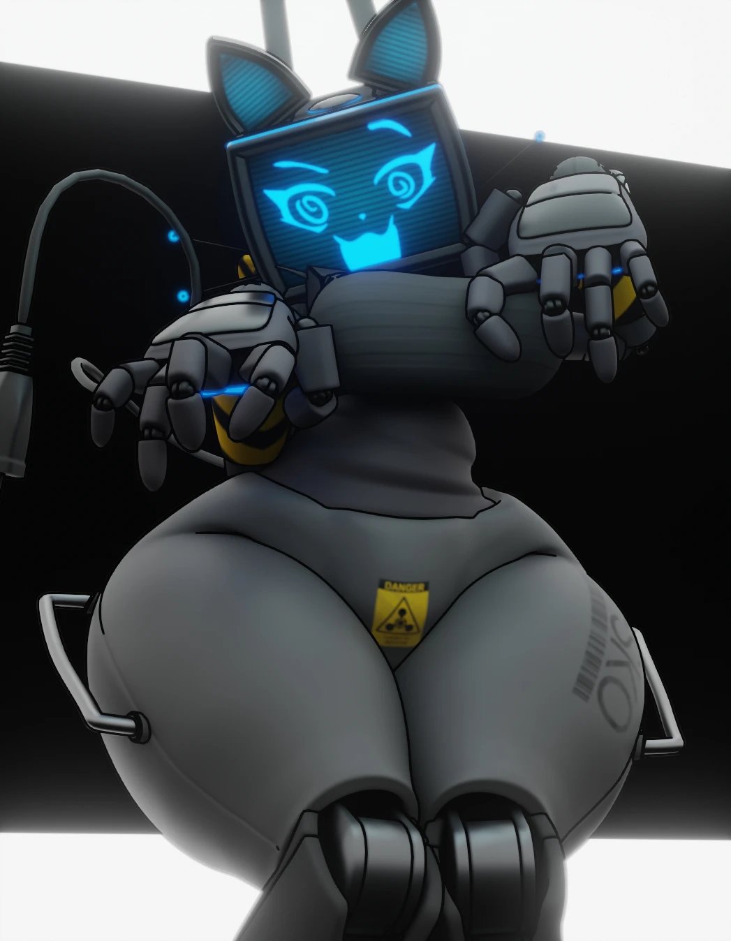 anthro, belly, blue eyes, breasts, cat ears, cat tail, cat whiskers, female, handlebars, handles on hips, jxwankel, kerfur, kerfuś, palmtreerothic, power cable, robot girl, sticker, thighs, tv head, warning symbol
