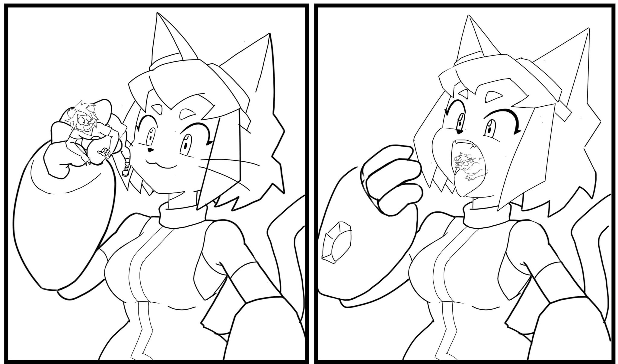 1boy, 1boy1girl, 1girls, bochisu, cat, cat ears, cat girl, feline, fetish, furry, gameoverse, giantess, grabbing, imminent vore, kit (gameoverse), kit bodega, lineart, macro, mechanical arm, micro, mouse, open mouth, rod (imrodrodent), rodent, size difference, tongue out, vore, work in progress