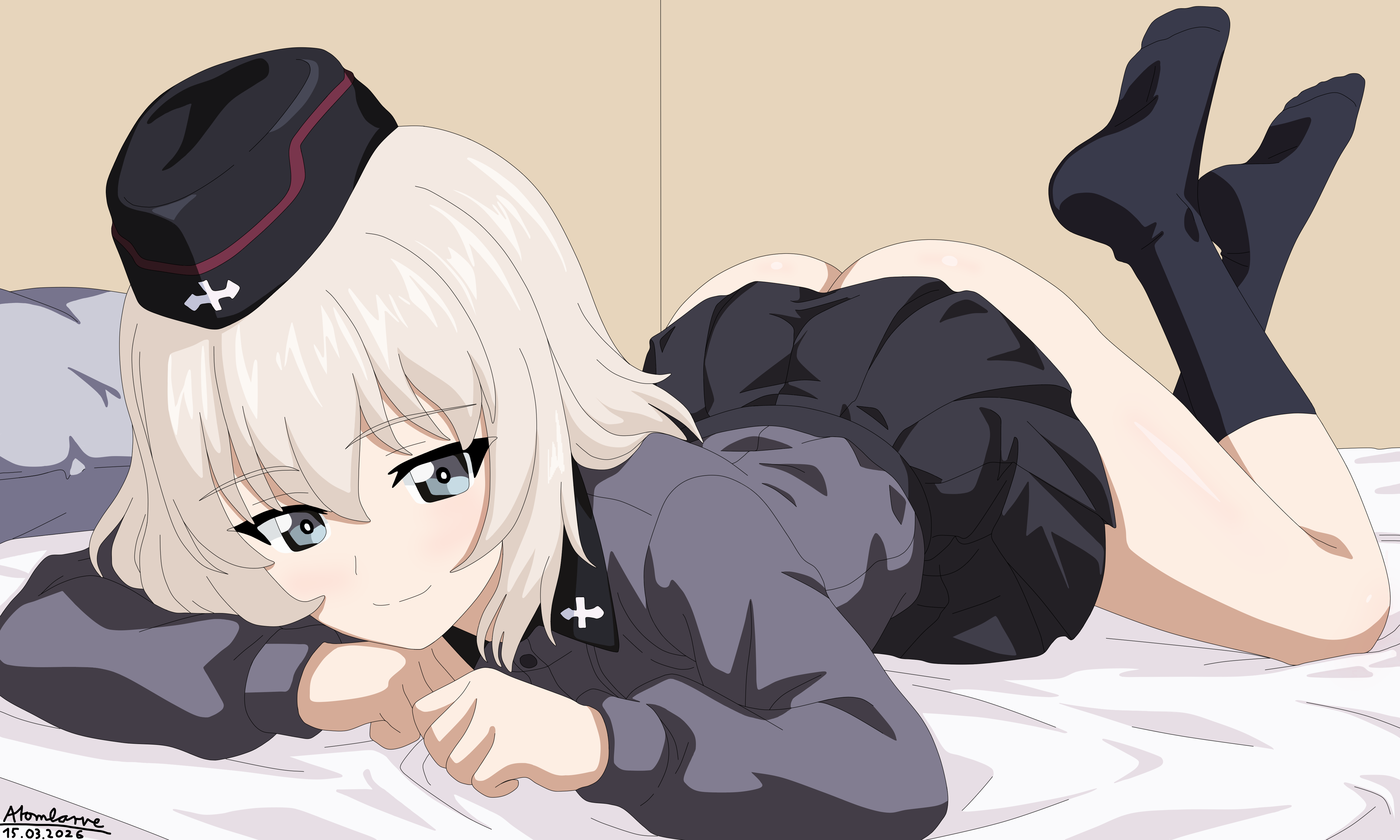 1girls, ass, atomlarve, black shirt, blue eyes, blush, clothed, female, female only, girls und panzer, itsumi erika, legs up, lying, lying on bed, lying on stomach, school uniform, schoolgirl, silver hair, skirt, socks, solo, thighs, white skin