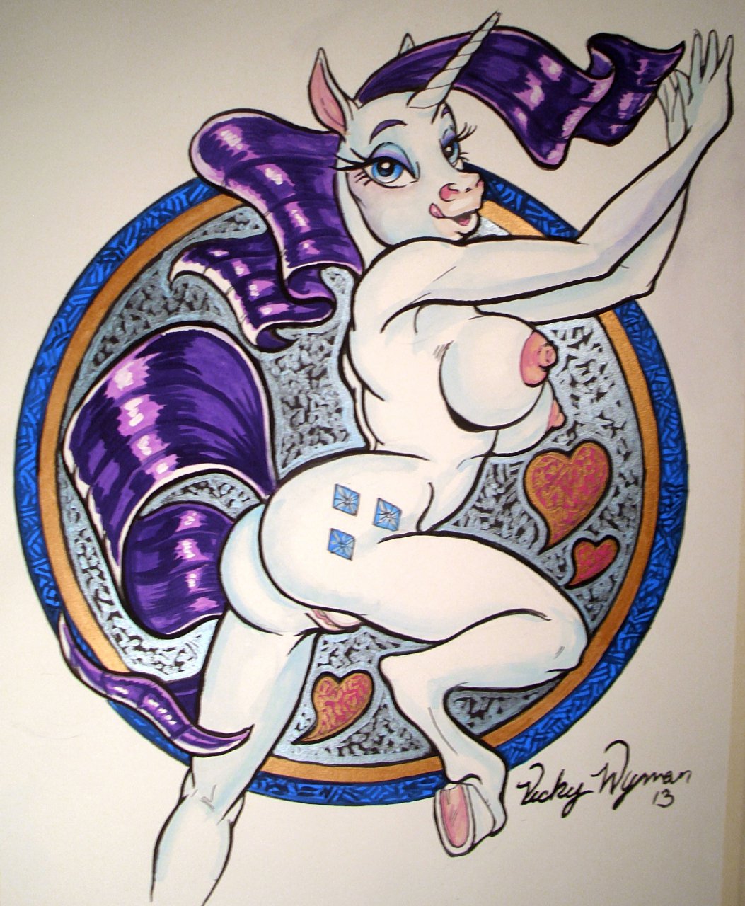 anthrofied breasts equine female friendship_is_magic heart hooves horn horse my_little_pony nipples nude pinup pose pussy rarity_(mlp) solo standing straight_hair unicorn vicky_wyman