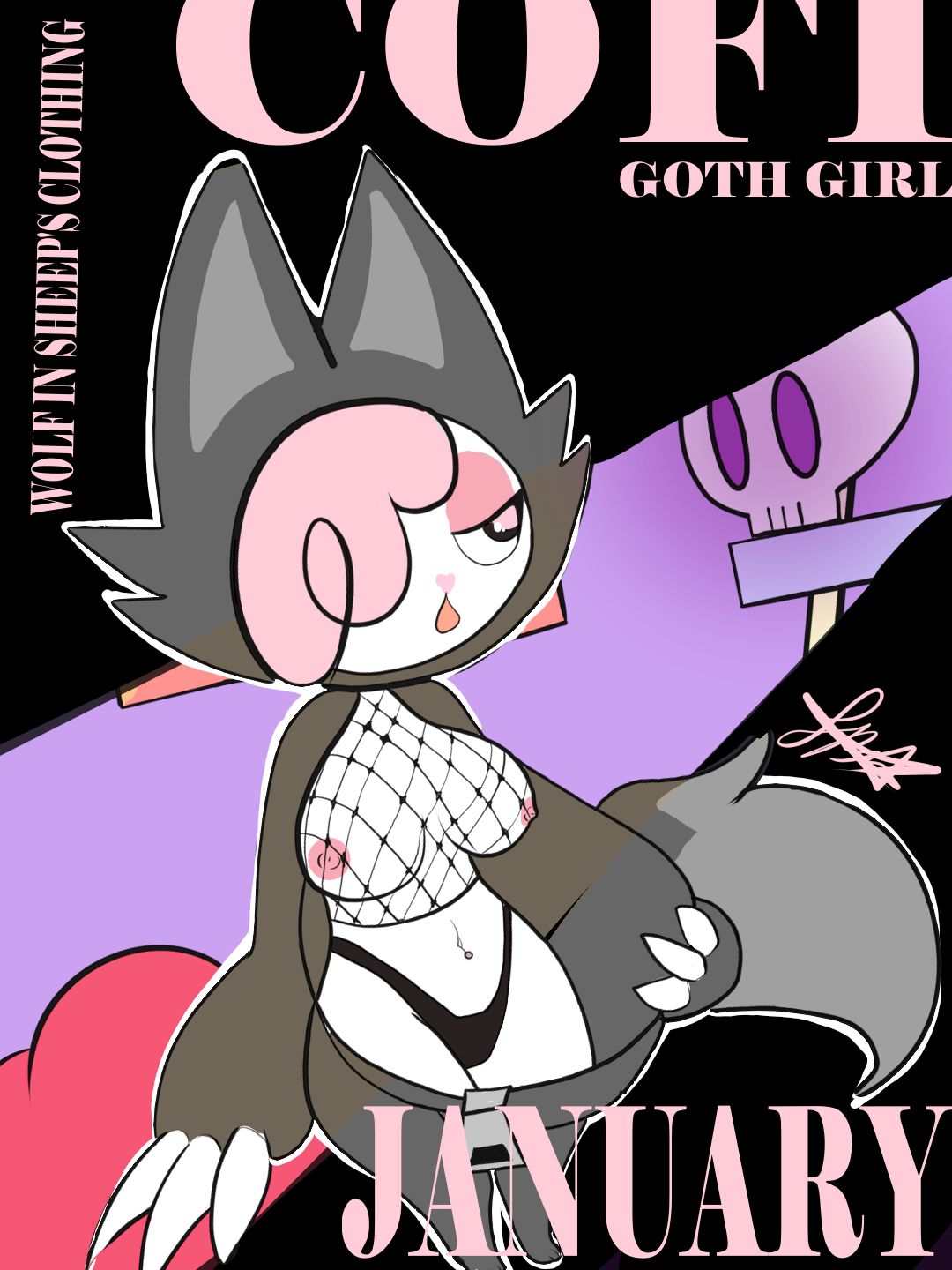 anthro, anthro only, calendar (medium), chikn nuggit, cofi, cofi (chikn nuggit), costume, female, female focus, female only, feral, goth, goth girl, gothic, magazine, magazine cover, onesie, panties, piercing, pixyfox23, skull, thicc, thighs, thong, undressing, wolf tail