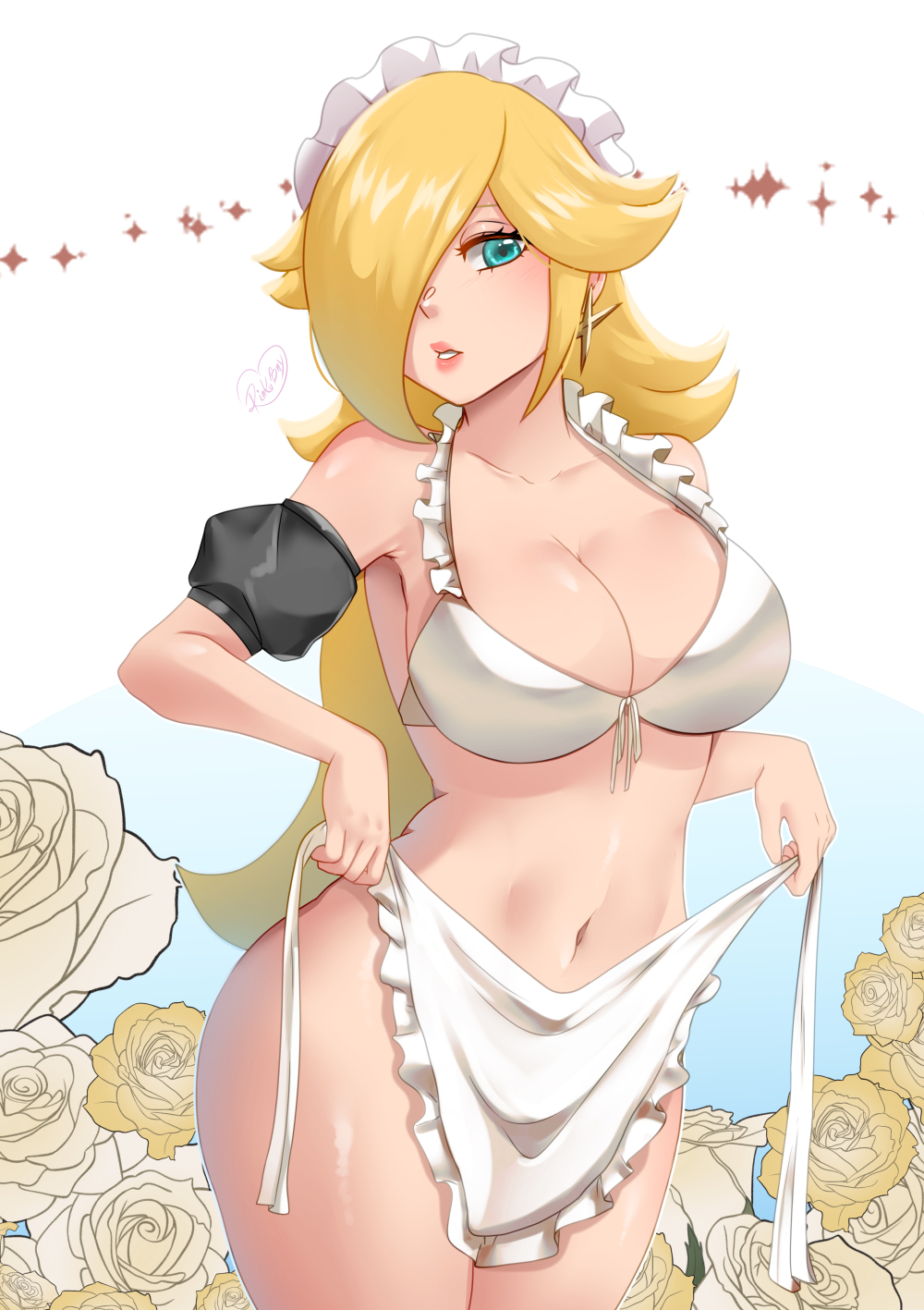 1girls, apron, bikini, blonde hair, blue eyes, breasts, cleavage, collarbone, cowboy shot, earrings, female, flower, frills, gradient background, hair over one eye, highres, jewelry, large breasts, long hair, looking at viewer, maid, maid bikini, maid headdress, mario (series), navel, parted lips, pink lips, princess rosalina, rinku bny, rose, solo, star (symbol), star earrings, stomach, super mario galaxy, swimsuit, unconventional maid, undressing, very long hair, white apron, white bikini, yellow flower, yellow rose