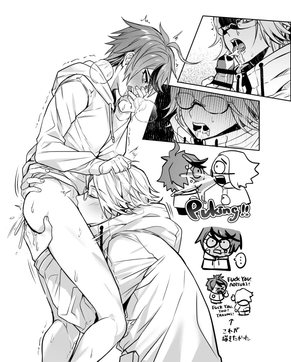 2boys, aotsuki eito, blowjob, hair pulling, male, monochrome, sumino takumi, the hundred line -last defense academy-, vomit, wa ga ne, yaoi