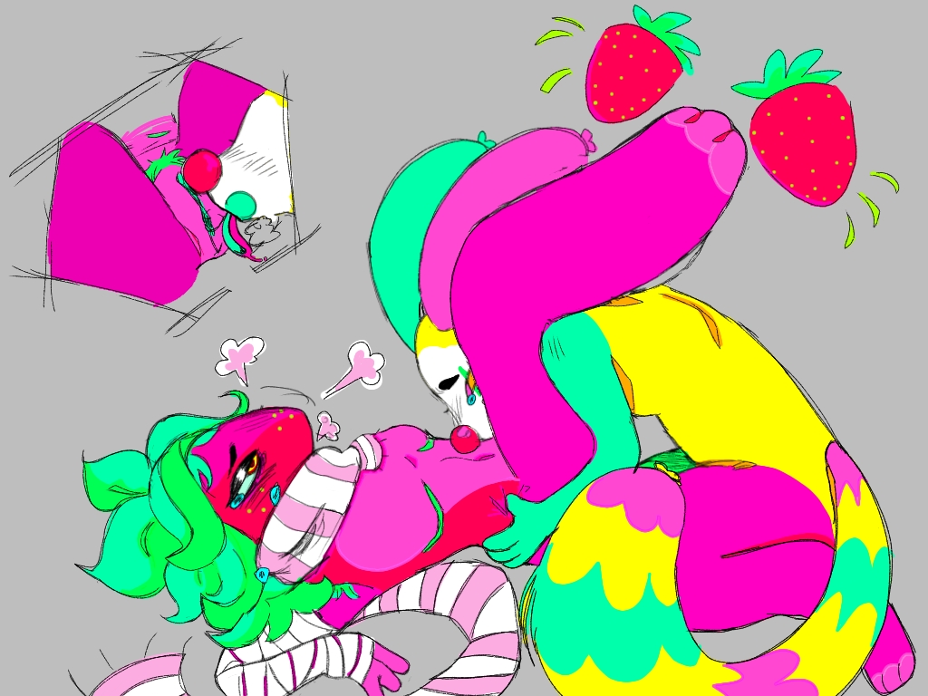 1boy, 1cuntboy, 2d (artwork), artist request, bandages, cunnilingus, cuntboy, dandy's world, eating pussy, intersex, looey (dandy's world), male, mastectomy scar, pussy, scarf, sprout (dandy's world), tears, top surgery scars