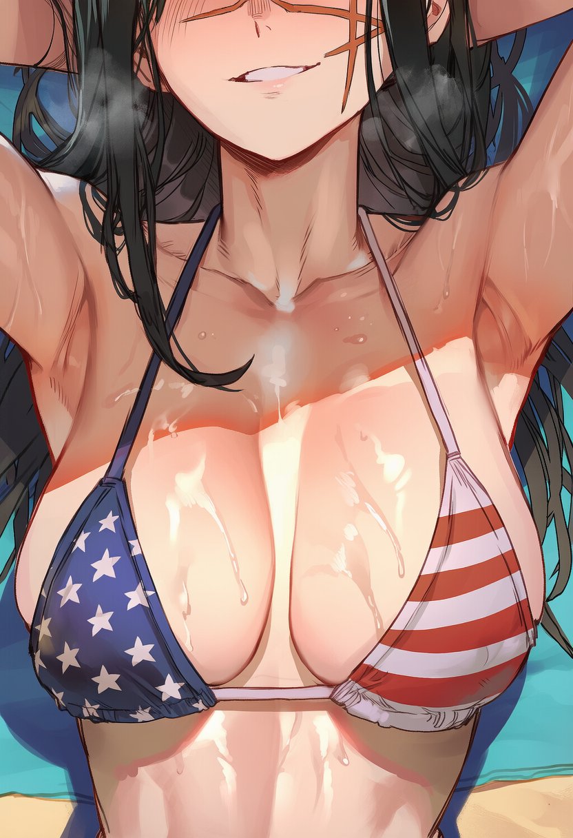 1girls, ai generated, american flag, american flag bikini, black hair, chainsaw man, demon, demon girl, devil, devil girl, female, general gooner, heroine, japanese female, light-skinned female, mitaka asa, ringed eyes, scar, scar on face, spiral eyes, yoru (chainsaw man)