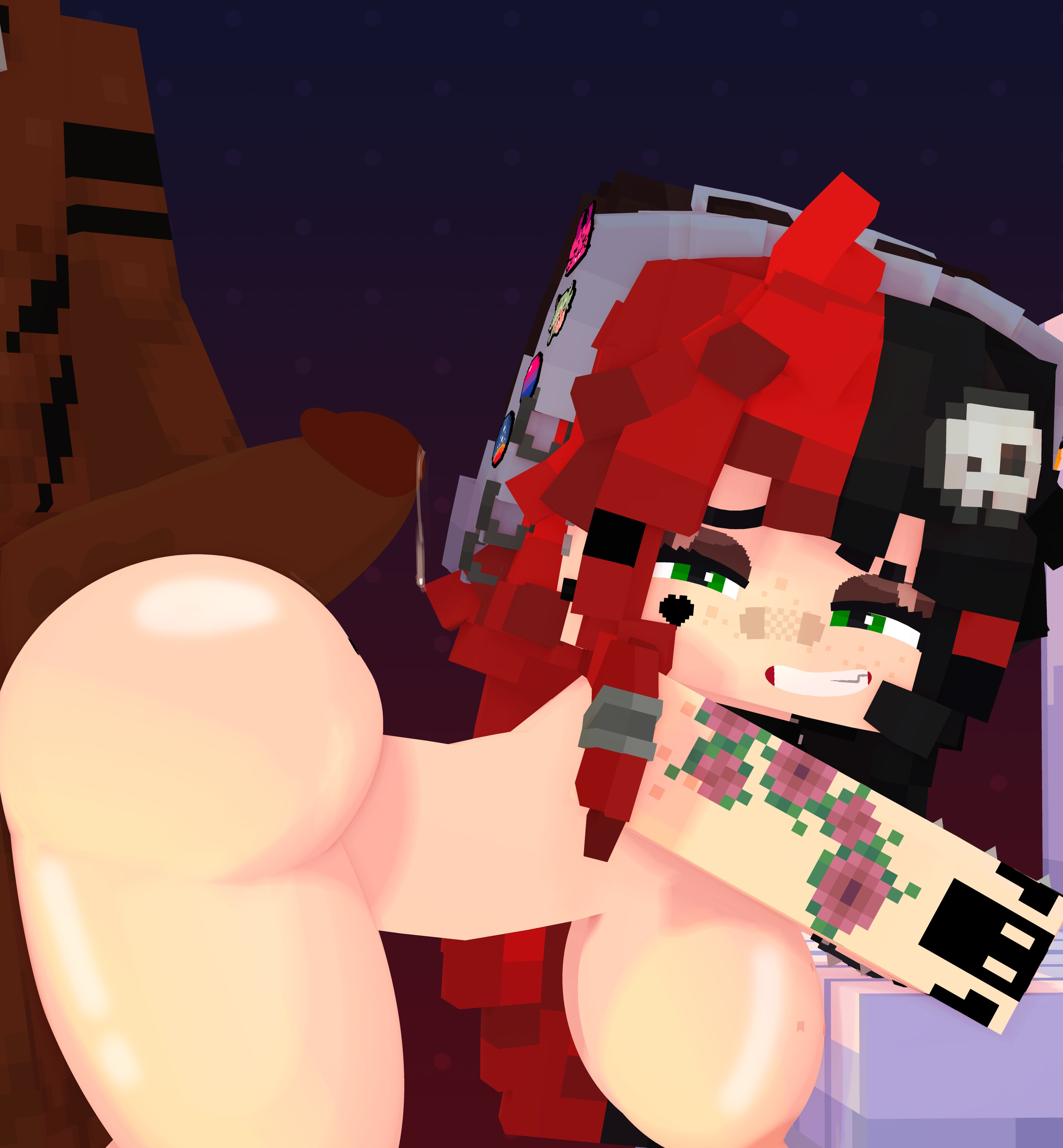 1boy, 1girls, 3d, ass, balls, bent over, between buttocks, big ass, big breasts, big penis, breasts, buttjob, dark skin, dark-skinned male, ellie walls (odysseyellie), face tattoo, fat ass, female, floral tattoo, freckles, goth, goth girl, green eyes, hat, heart tattoo, huge ass, interracial, large ass, light skin, light-skinned female, looking at viewer, male, mine-imator, minecraft, nude, nude female, nude male, odysseyellie, penis, png, precum, precum drip, shoulder tattoo, side view, skull hair ornament, smile, tattoo, thick ass, thick thighs, two-tone hair, wide hips