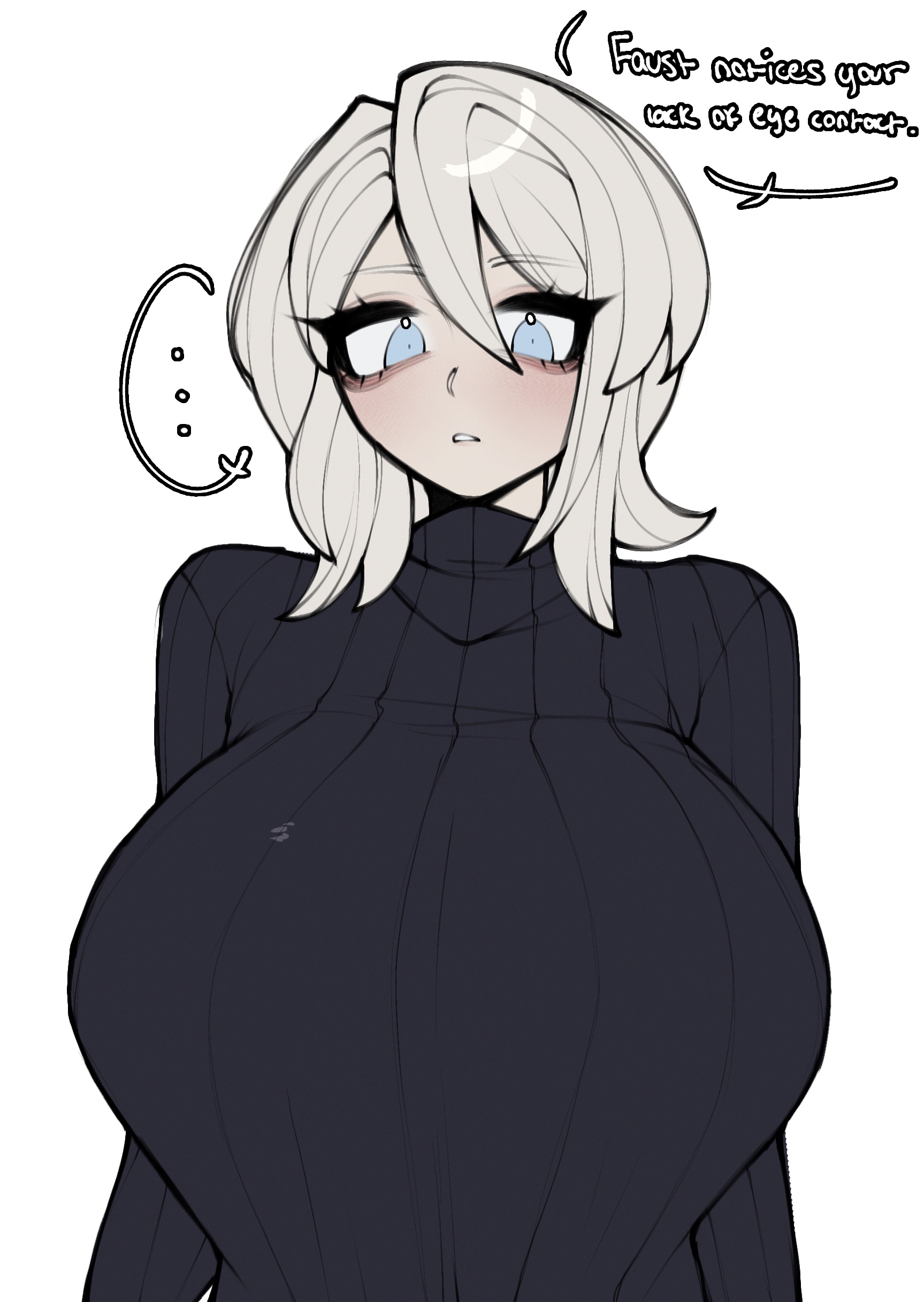 big breasts, blue eyes, breasts, caught, caught staring, faust (limbus company), female, grey body, limbus company, project moon, renata11033, tight clothing, variant set, white hair