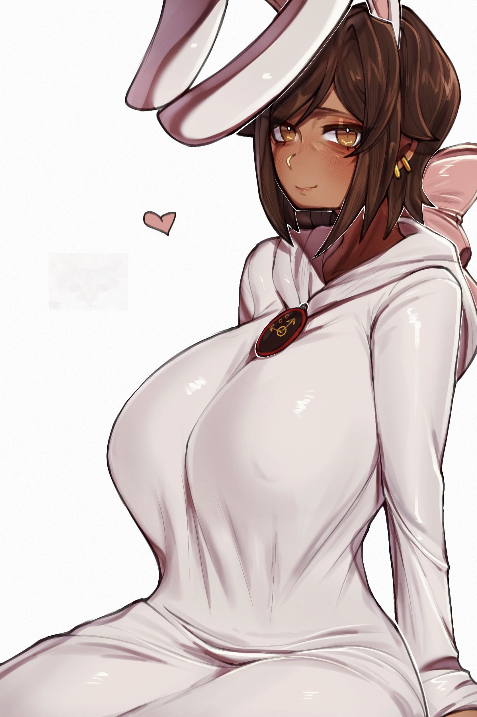 big breasts, black souls, black souls 2, breasts, bunny girl, clock head, cosplay, dante (limbus company), female, limbus company, necklace, node (black souls), node (black souls) cosplay, onesie, outis (limbus company), project moon, renata11033, watch, yellow eyes