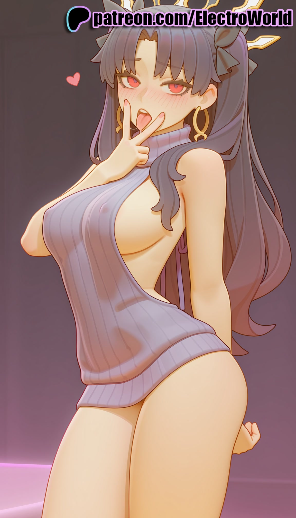 1girls, 2025, ai generated, artist name, bare shoulders, black hair, blush, breasts, bust, chest, covered nipples, earrings, electroworld, fate (series), fate/stay night, female, hair ribbon, heart, hi res, high quality, high resolution, highres, hoop earrings, ishtar (fate), jewelry, long hair, looking at viewer, meme attire, naked sweater, open mouth, patreon, patreon username, red eyes, ribbon, solo, stable diffusion, sweater, thighs, two side up, virgin killer sweater, watermark