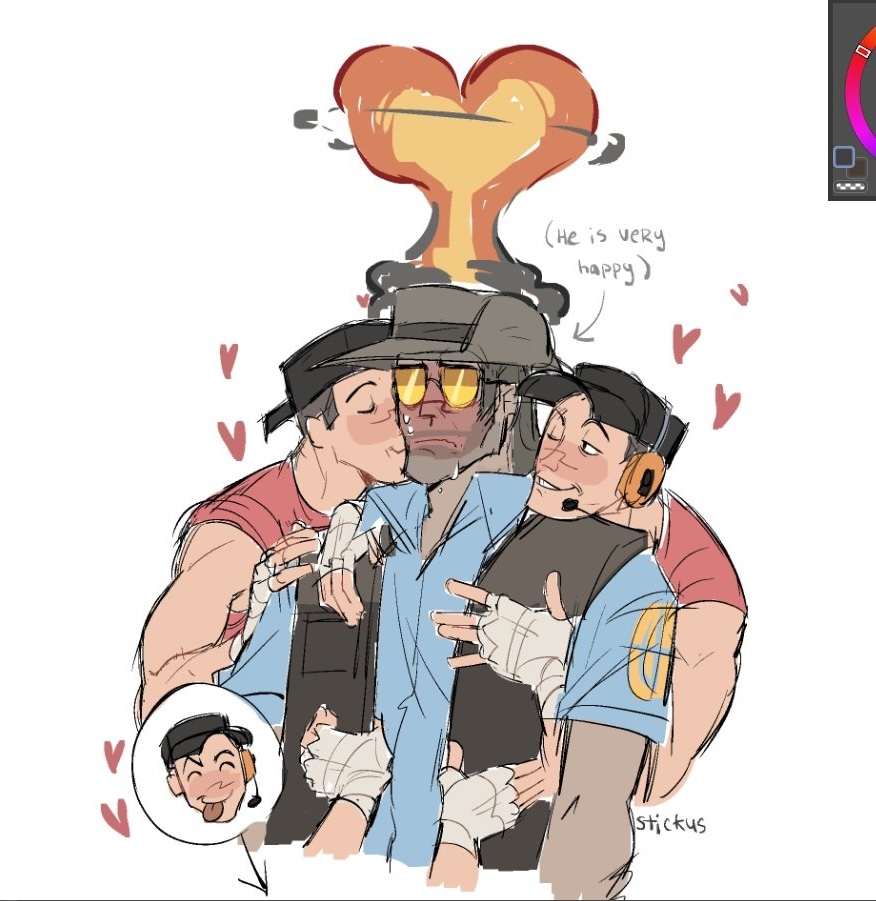 affectionate, art program in frame, blush, blushing profusely, breasts, cute, flustered, flustered male, gay, groping, groping breasts, groping from behind, hands on breasts, hands on waist, imminent fellatio, imminent oral, implied oral, kissing cheek, licking lips, male, male only, scout (team fortress 2), seduction, seductive look, smirk, smirking, sniper (team fortress 2), spoken heart, stickus (artist), team fortress 2, yaoi