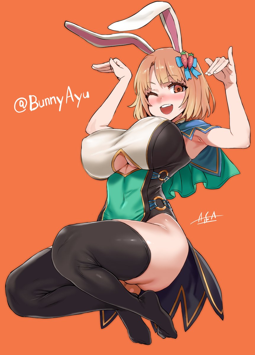 armpits, asanagi, ass, big breasts, blush, breasts, bunny ears, bunny gif, bunny girl, curvy, female, female only, hair ornament, huge breasts, indie virtual youtuber, looking at viewer, open mouth, orange hair, short hair, simple background, solo, thick thighs, thighhighs, virtual youtuber