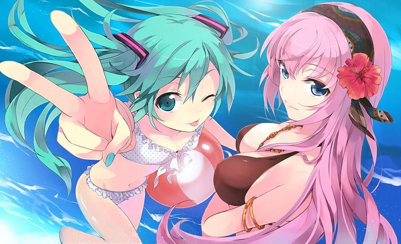 ;p, 2girls, aqua eyes, aqua hair, ball, beach, beachball, bikini, blue eyes, breasts, female, female only, flower, foreshortening, hair flower, hair ornament, hairband, hatsune miku, hibiscus, jewelry, long hair, looking at viewer, megurine luka, multiple girls, nail polish, necklace, one eye closed, pink hair, polka dot, smile, swimsuit, tongue, tongue out, twintails, v, vocaloid, water